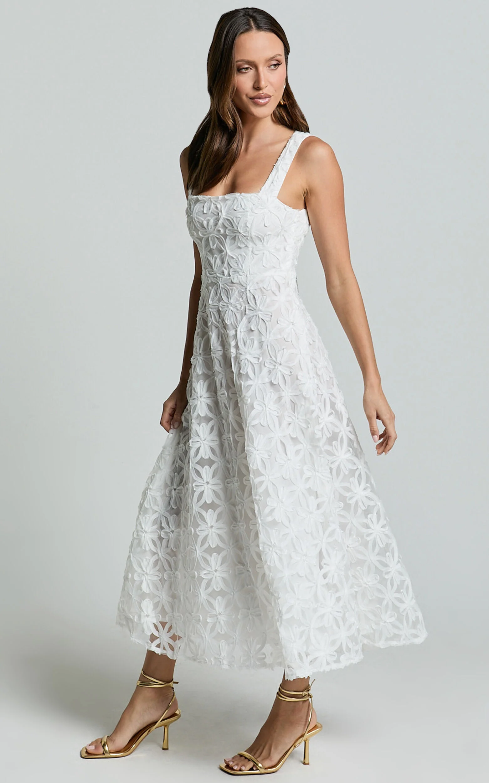 Clarissa Midi Dress - Square Neck Open Back A Line Dress in White