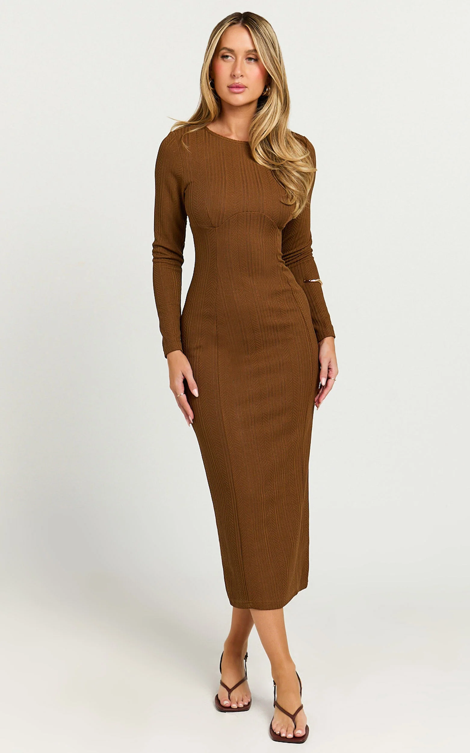 Divina Midi Dress - Long Sleeve A Line Knit Dress in Brown