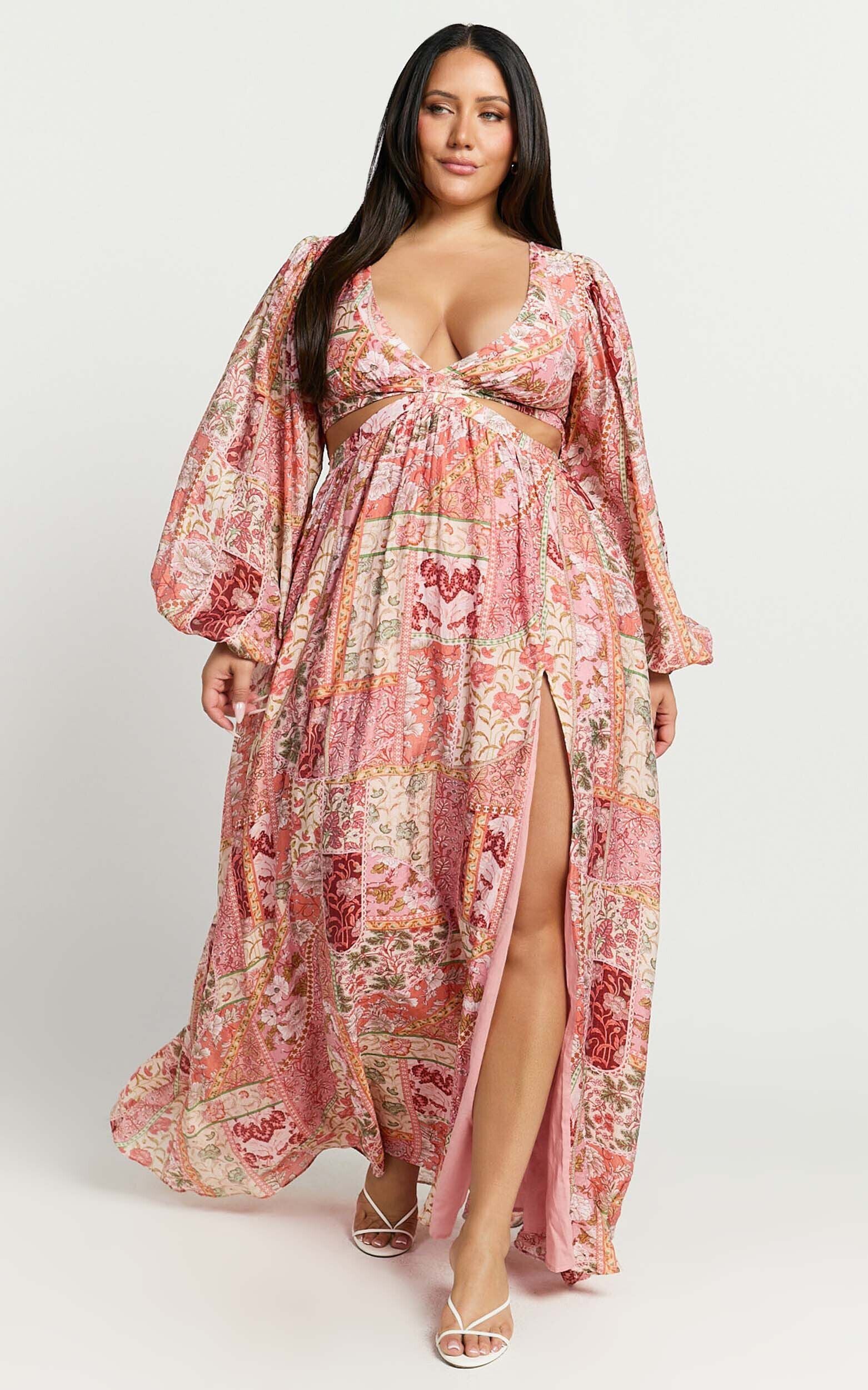 Shari Maxi Dress - V Neck Cutout Full Skirt Dress in Peach