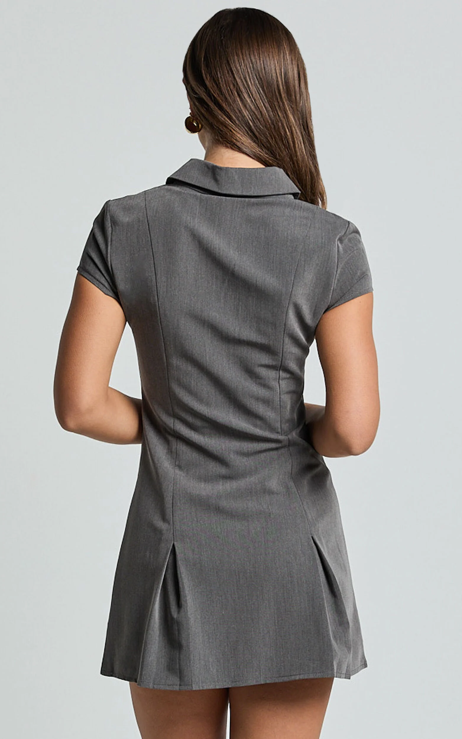 Alvana Mini Dress - Collared Pleated Dress in Grey