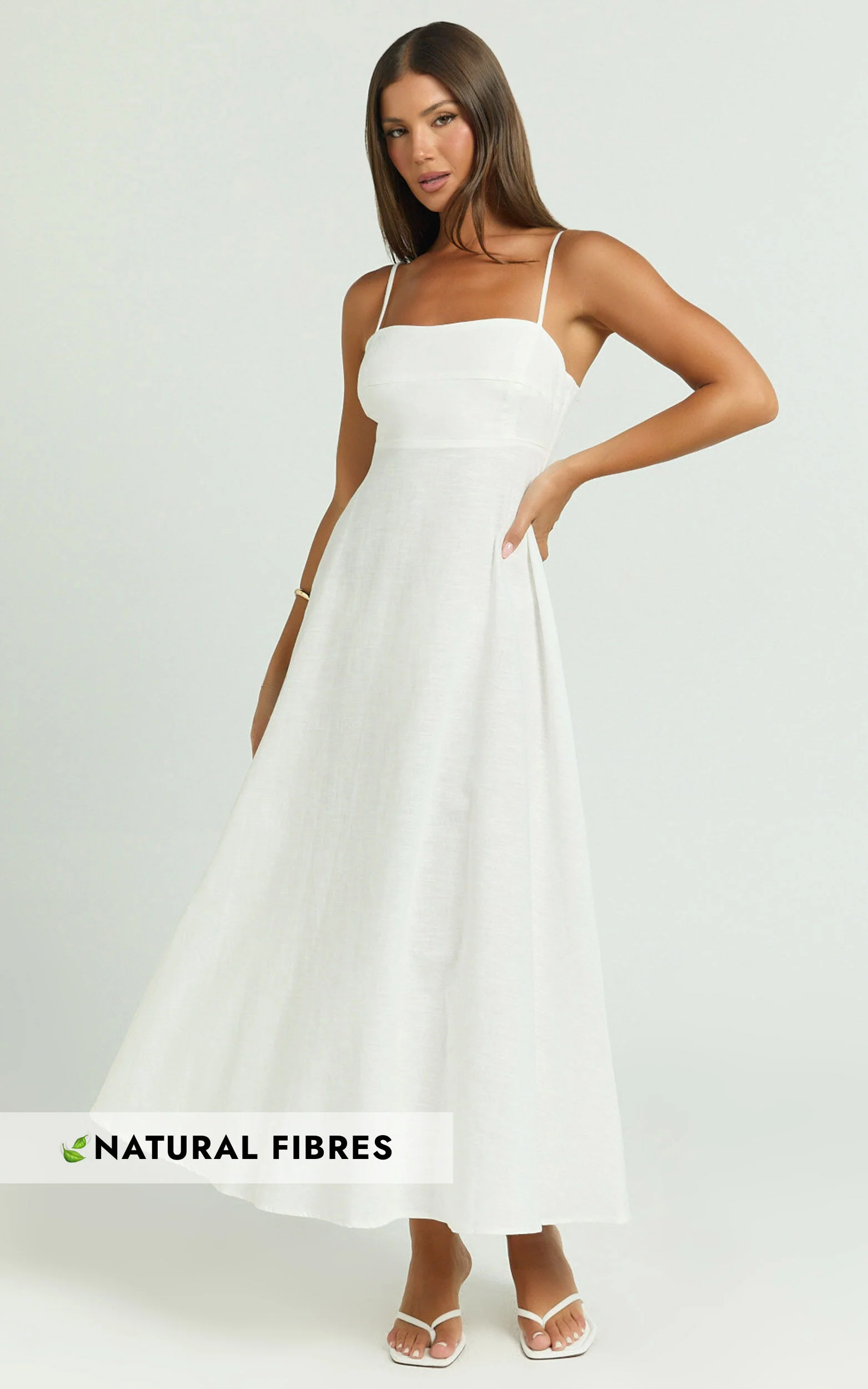 Brette Midi Dress - Linen Straight Neck Strappy Fit And Flare Dress in White