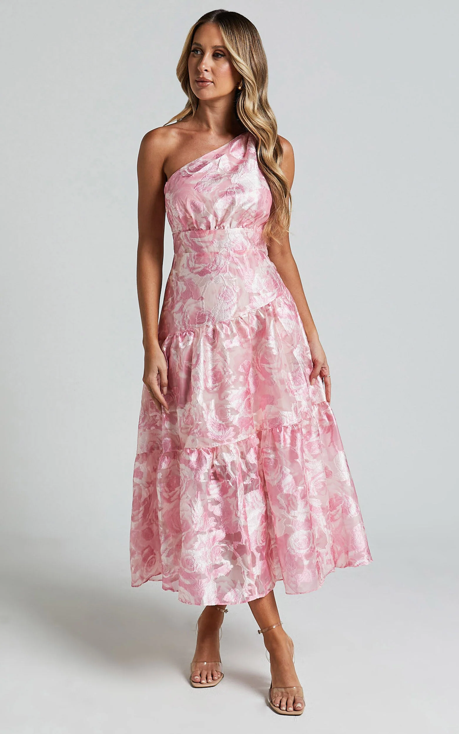 Lettie Midi Dress - One Shoulder Tiered Dress in Blurred Rose