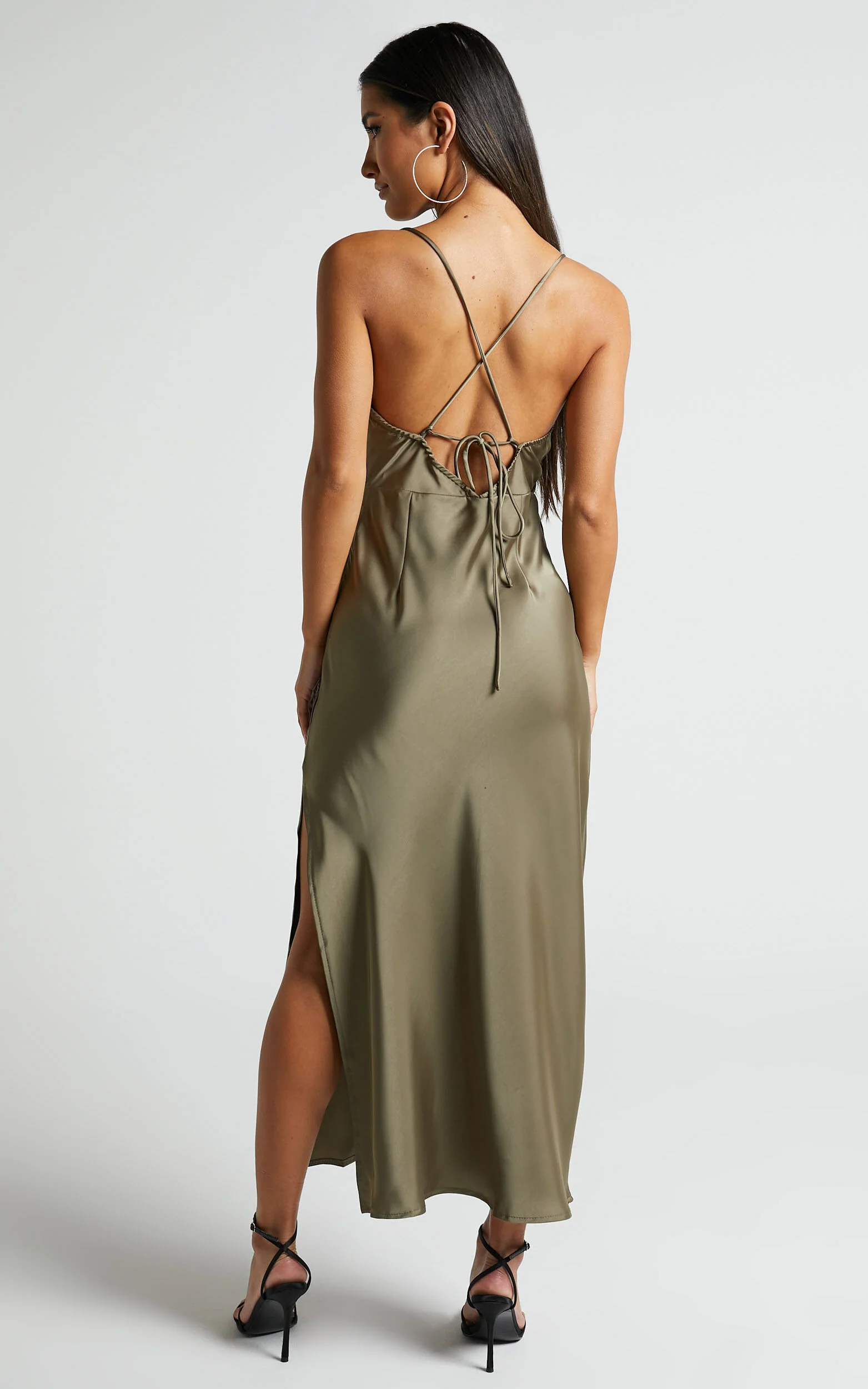 Nylah Cowl Neck Double Strap Satin Slip Midi Dress in Dark Olive