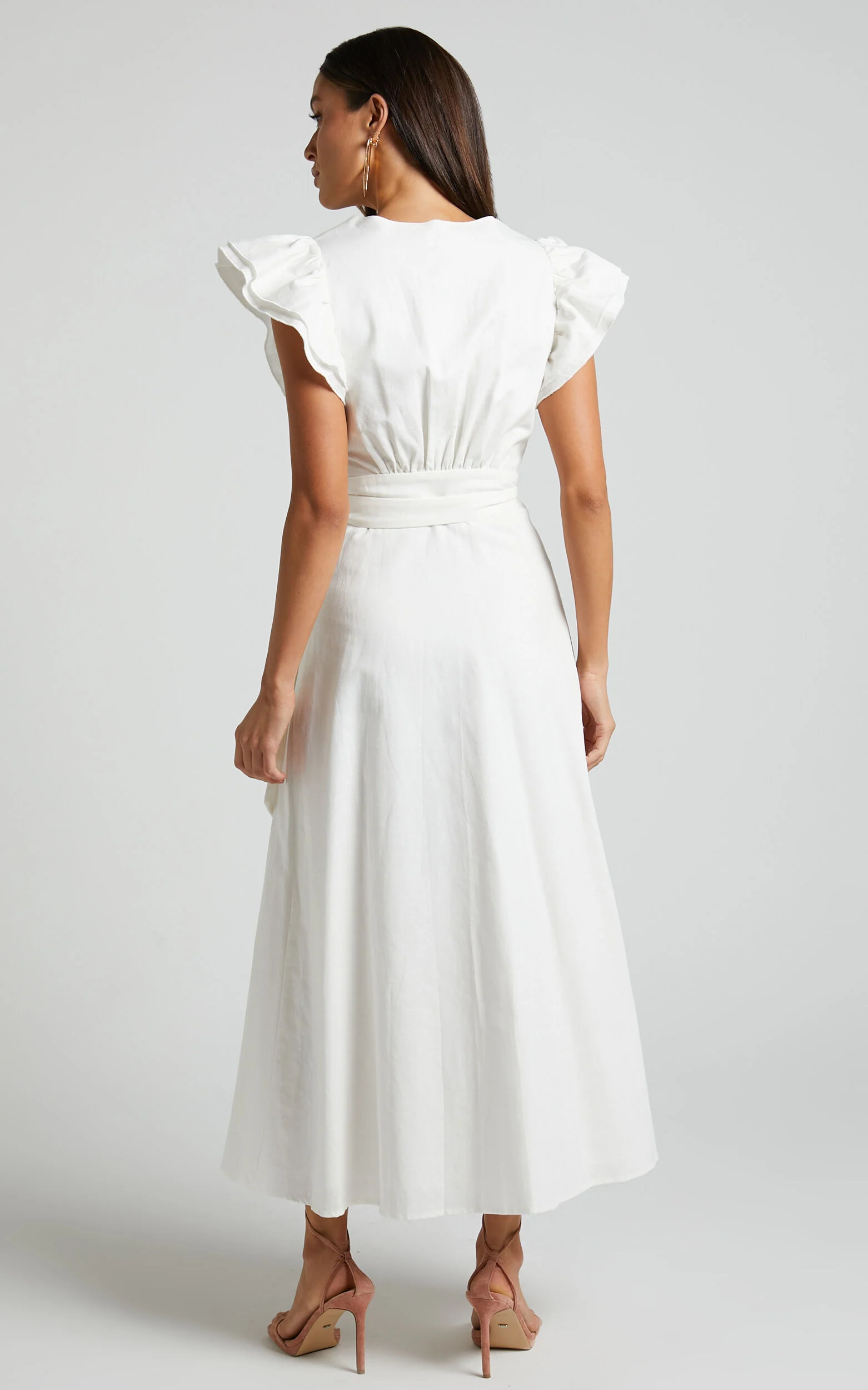 Amalie The Label - Palmer Linen Blend Frill Sleeve Wrap Dress in White