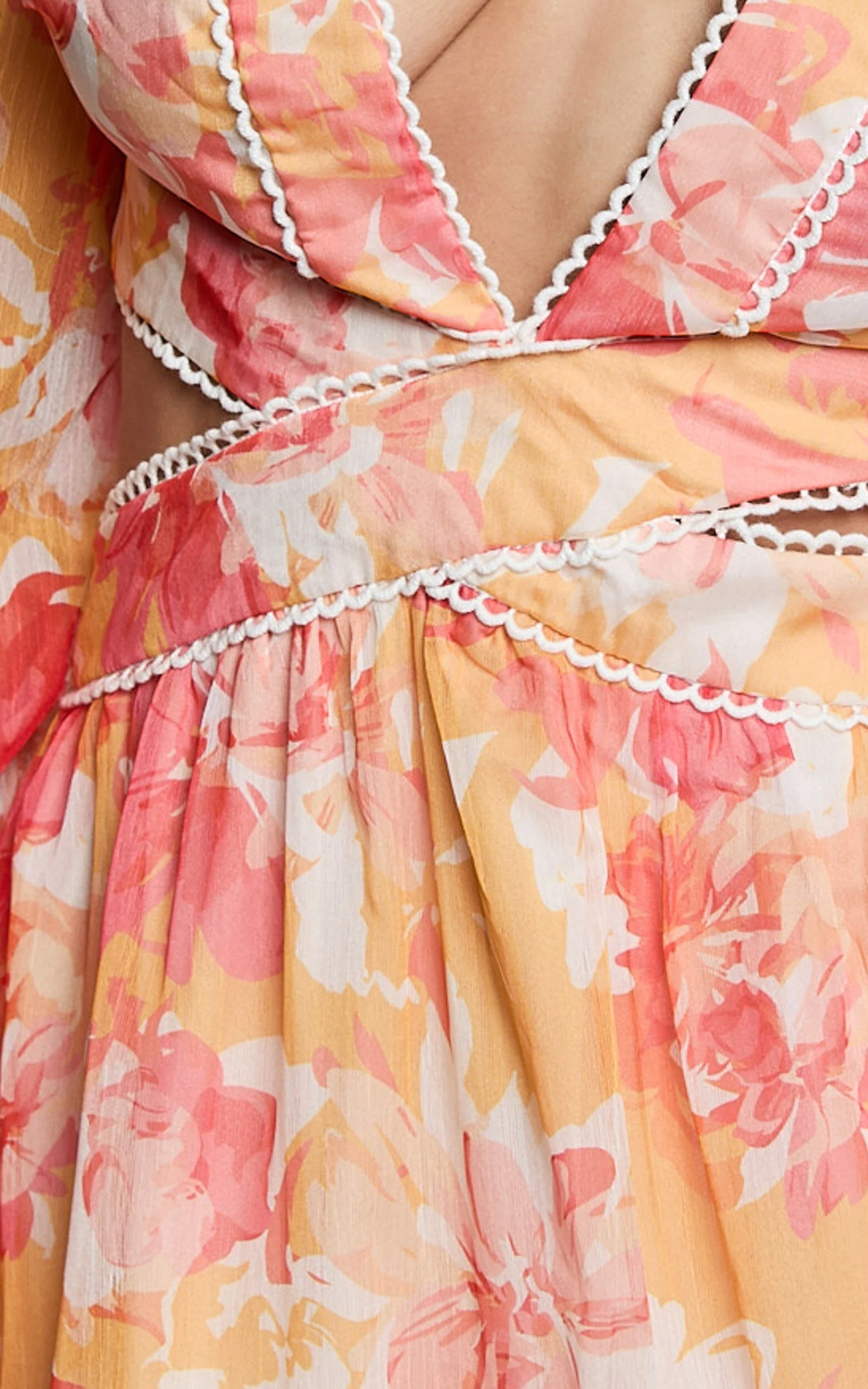 Anthea Midi Dress - V Neck Cut Out Tiered Dress in Yellow Print