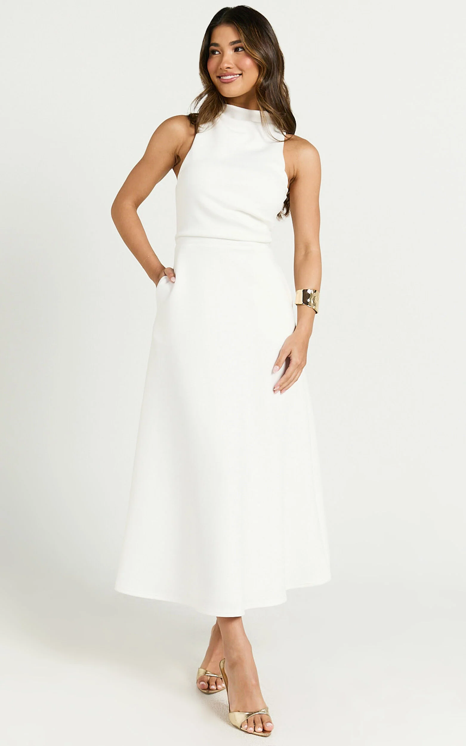 Macy Midi Dress - High Neck A Line Dress in Off White