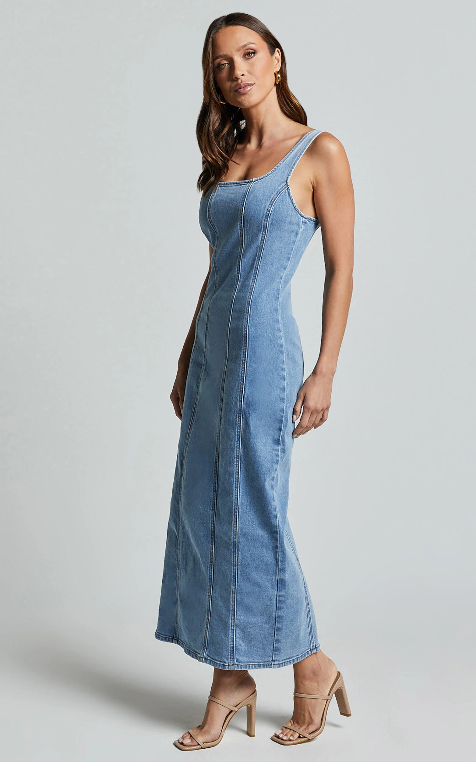 Zenith Midi Dress - Wide Strap Panel Detail Recycled Denim Dress in Mid Blue Wash