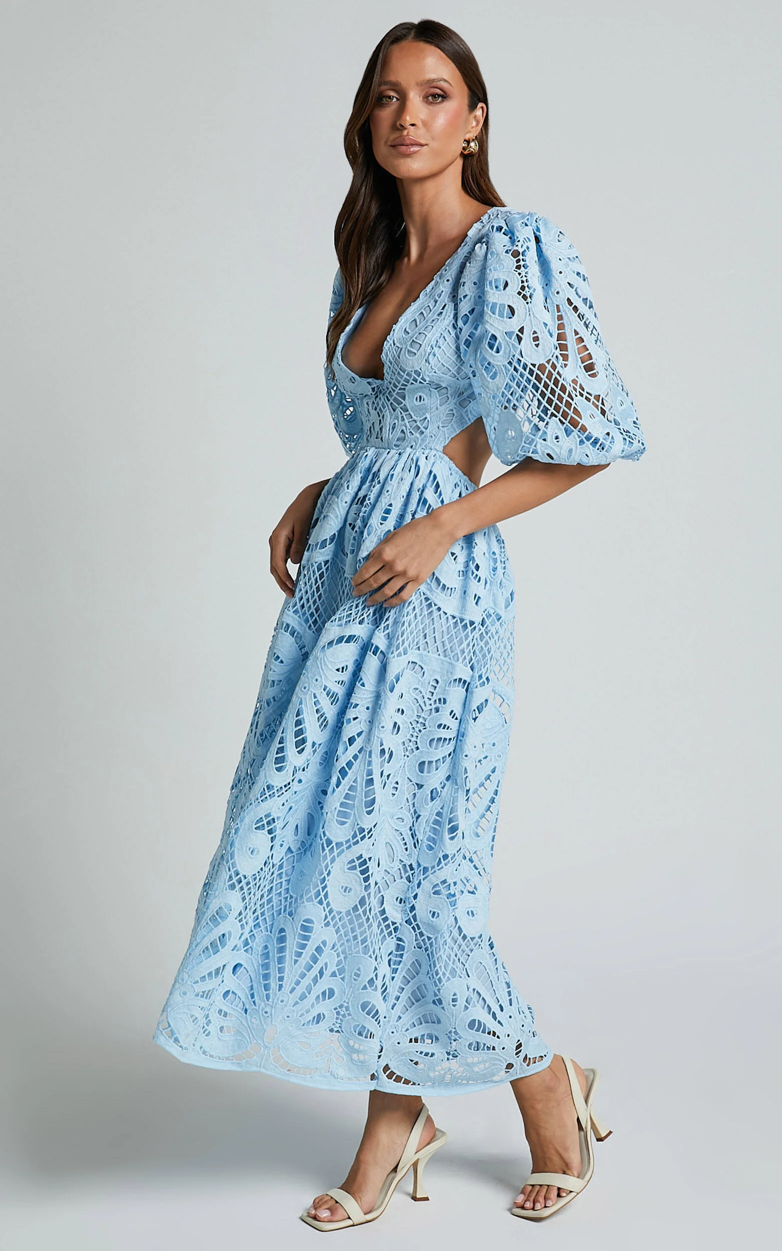 Anieshaya Midi Dress - V Neck Cut Out Lace Dress in Soft Blue