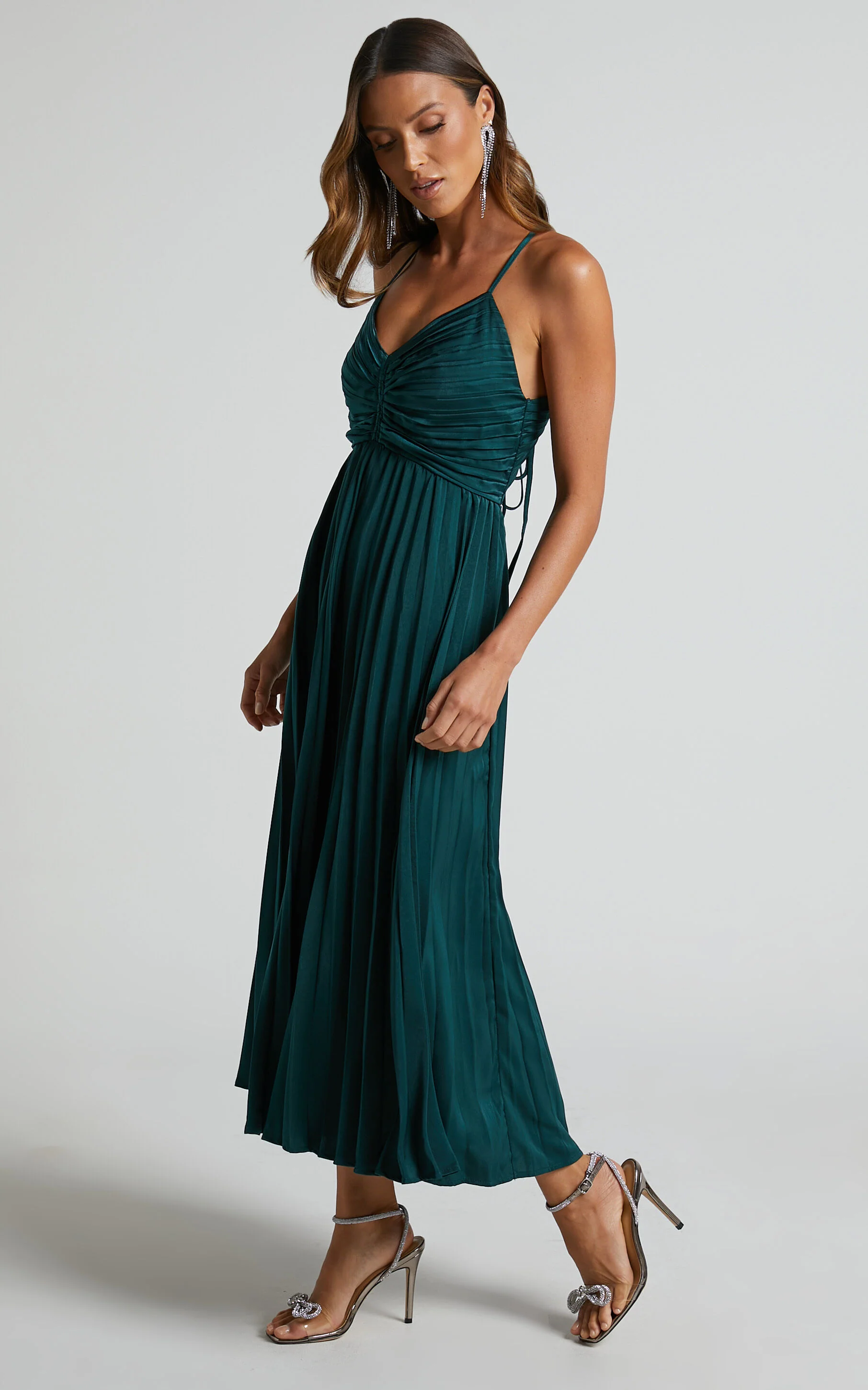 Zayla Midi Dress - Plisse Twist Front Dress in Emerald