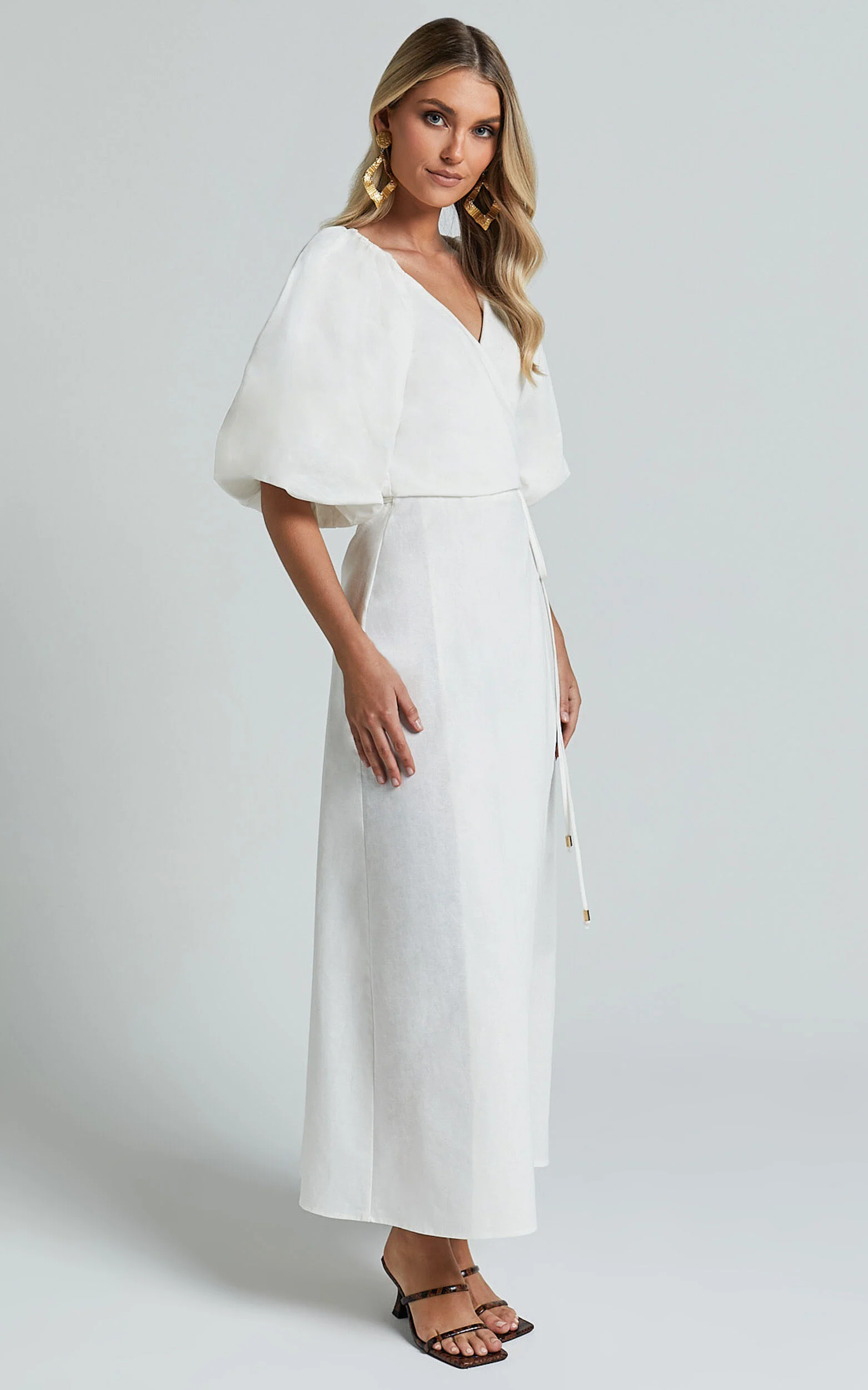 Amalie The Label - Santana Linen Blend Puff Sleeve Wrap Midi Dress in White