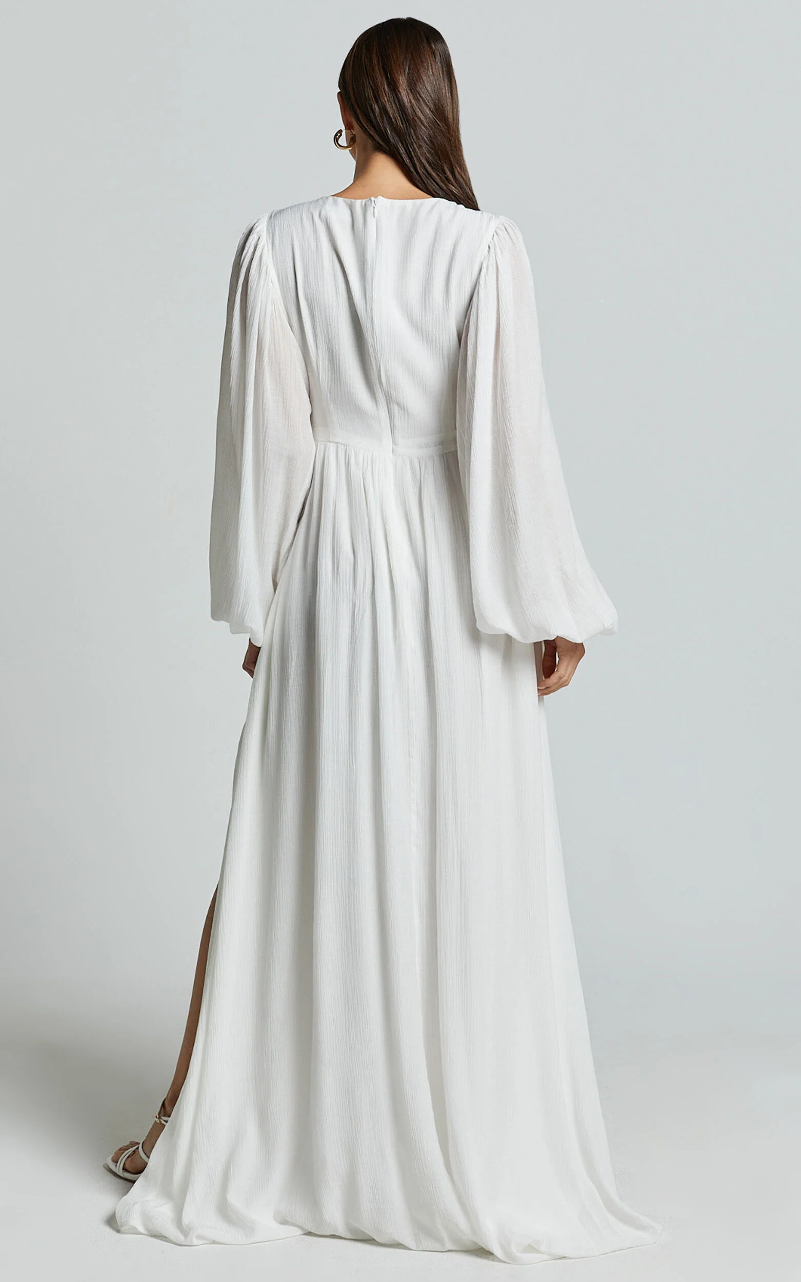 Paige Maxi Dress - Side Cut Out Balloon Sleeve Dress in White