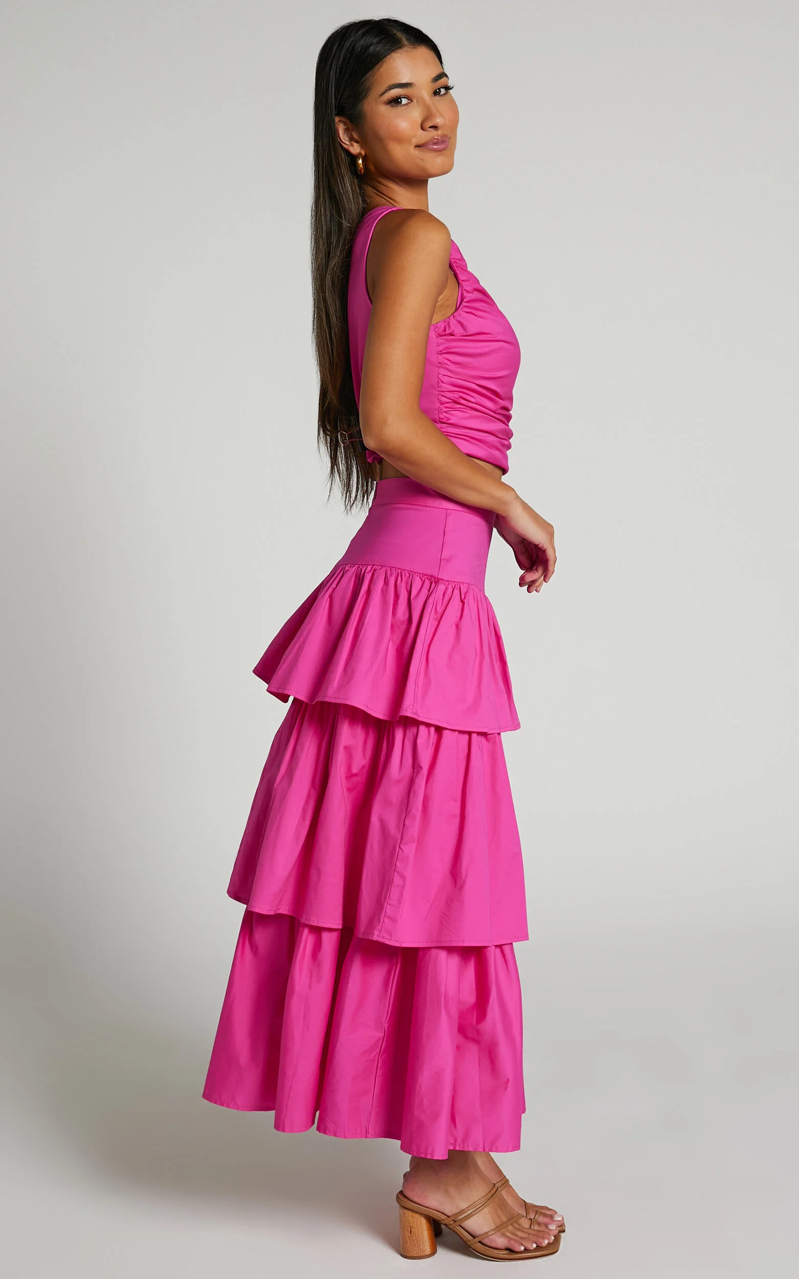 Kaycie Two Piece Set - One Shoulder Asymmetrical Ruched Top and Tiered Midi Skirt Set in Pink