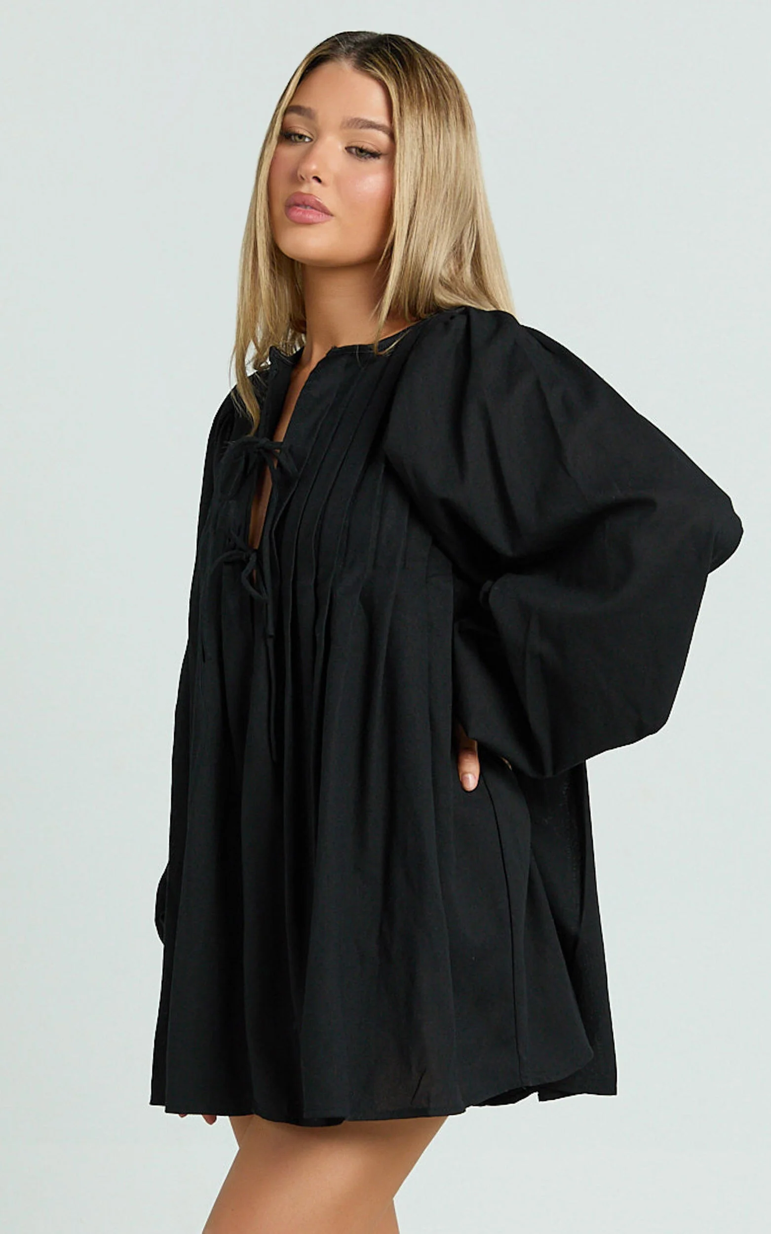 Suzette Mini Dress - High Neck Tie Front Long Sleeve Pleat Front Babydoll Dress in Black