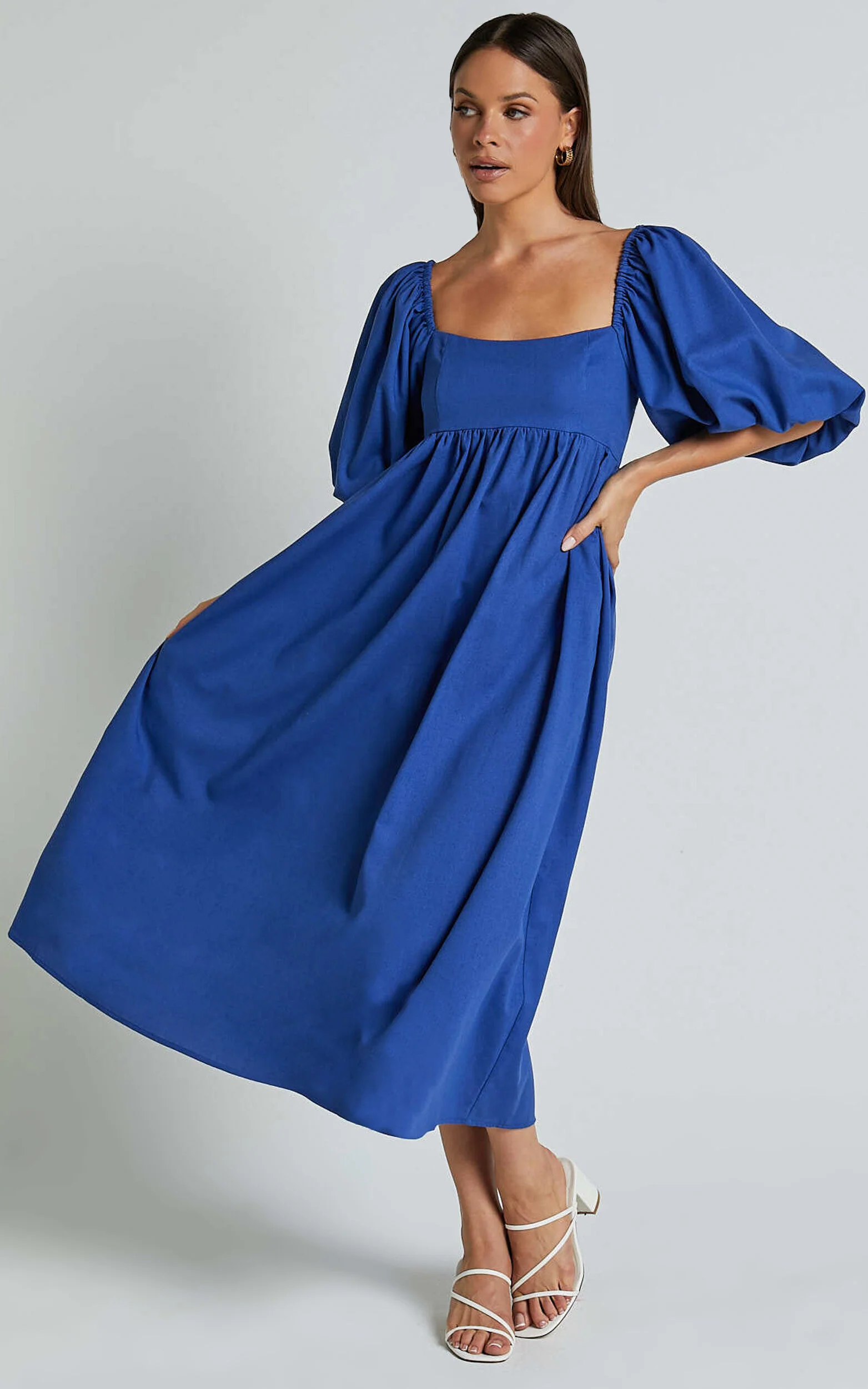 Cenia Midi Dress - Linen Straight Neck Shirred Back Puff Sleeve Dress in Bright Blue
