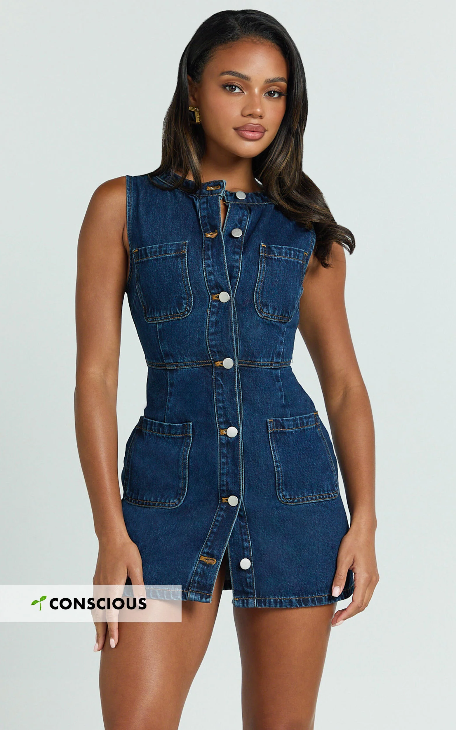 Stephanie Mini Dress - Scoop Neck Pocket Detail Recycled Denim Dress in Indigo Wash