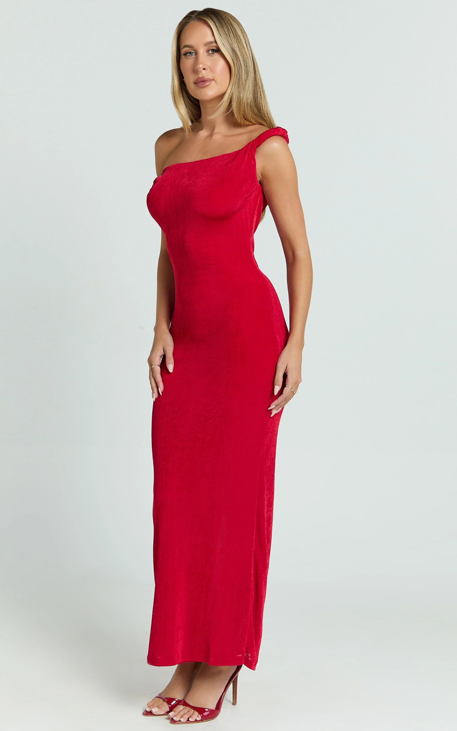 Isabel Midi Dress - Twist Off Shoulder Bodycon Dress in Red