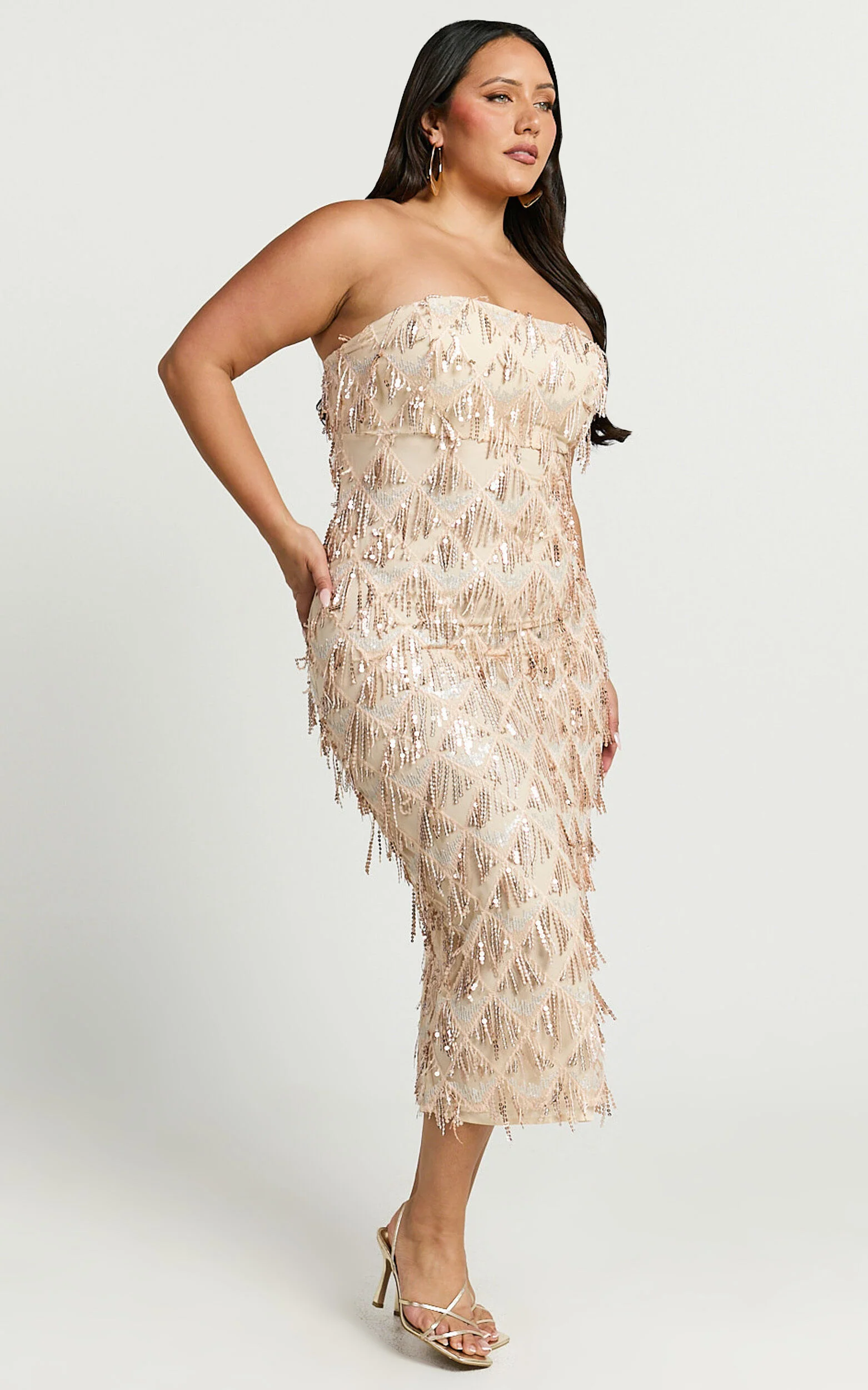 Variel Midi Dress - Strapless Fringe Sequin Dress in Champagne