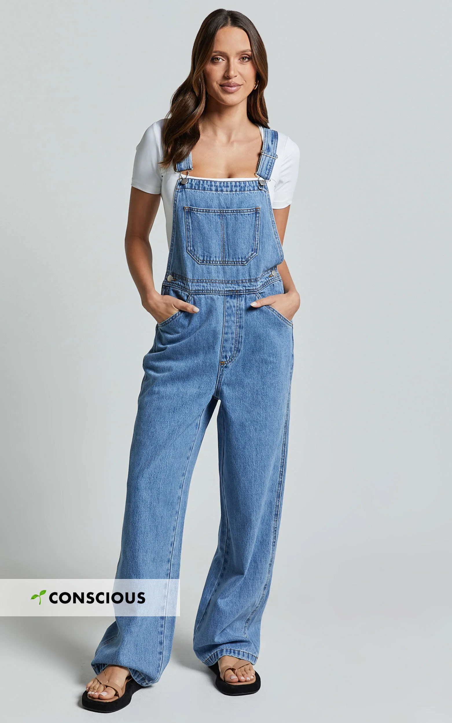 Brixton Jumpsuit - Straight Leg Denim Overalls in Mid Blue Wash