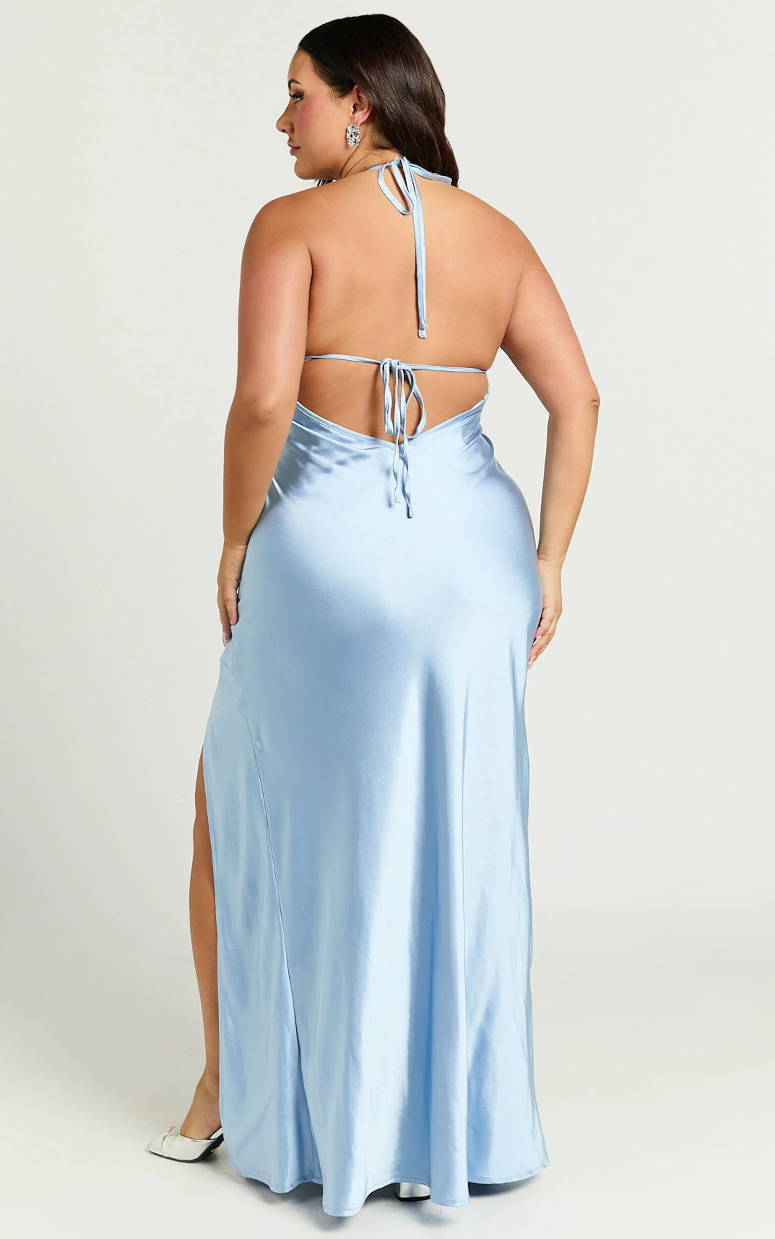 Adriene Maxi Dress - Satin Plunge Halter Dress in Dove Blue