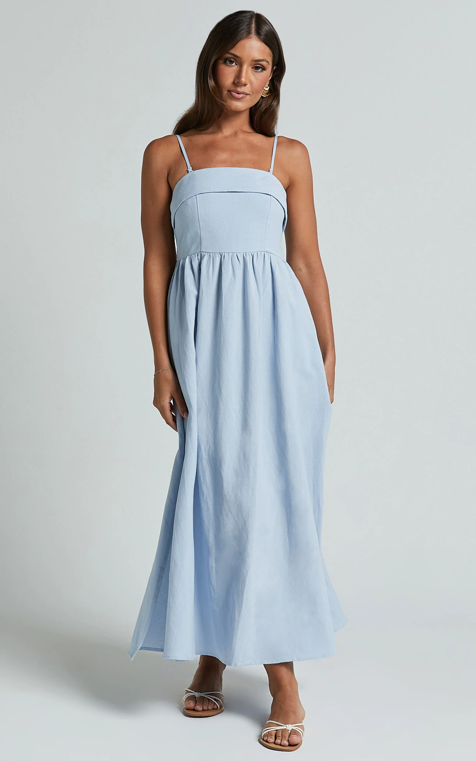 Carlyn Midi Dress - Linen Detachable Straps in Blue