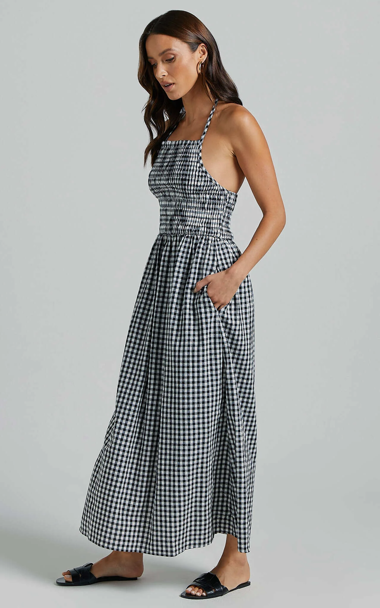 Aimie Midi Dress - Strappy Halter Neck Shirred Top in White Check