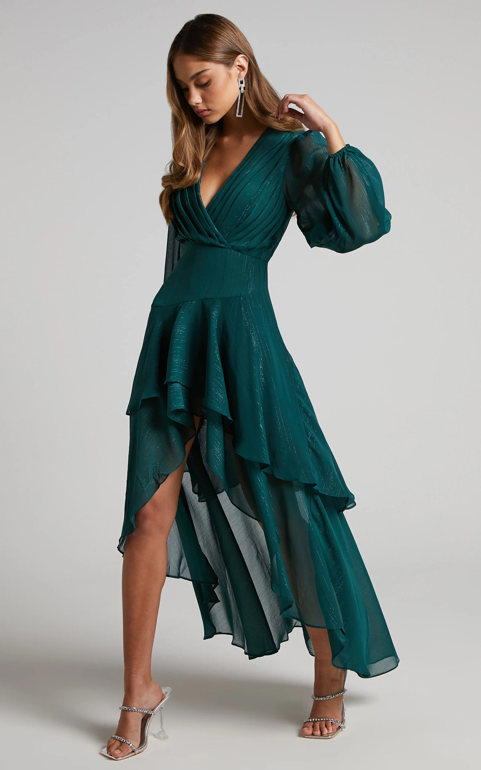 Claudita Midi Dress - Long Sleeve High Low Hem Dress in Emerald