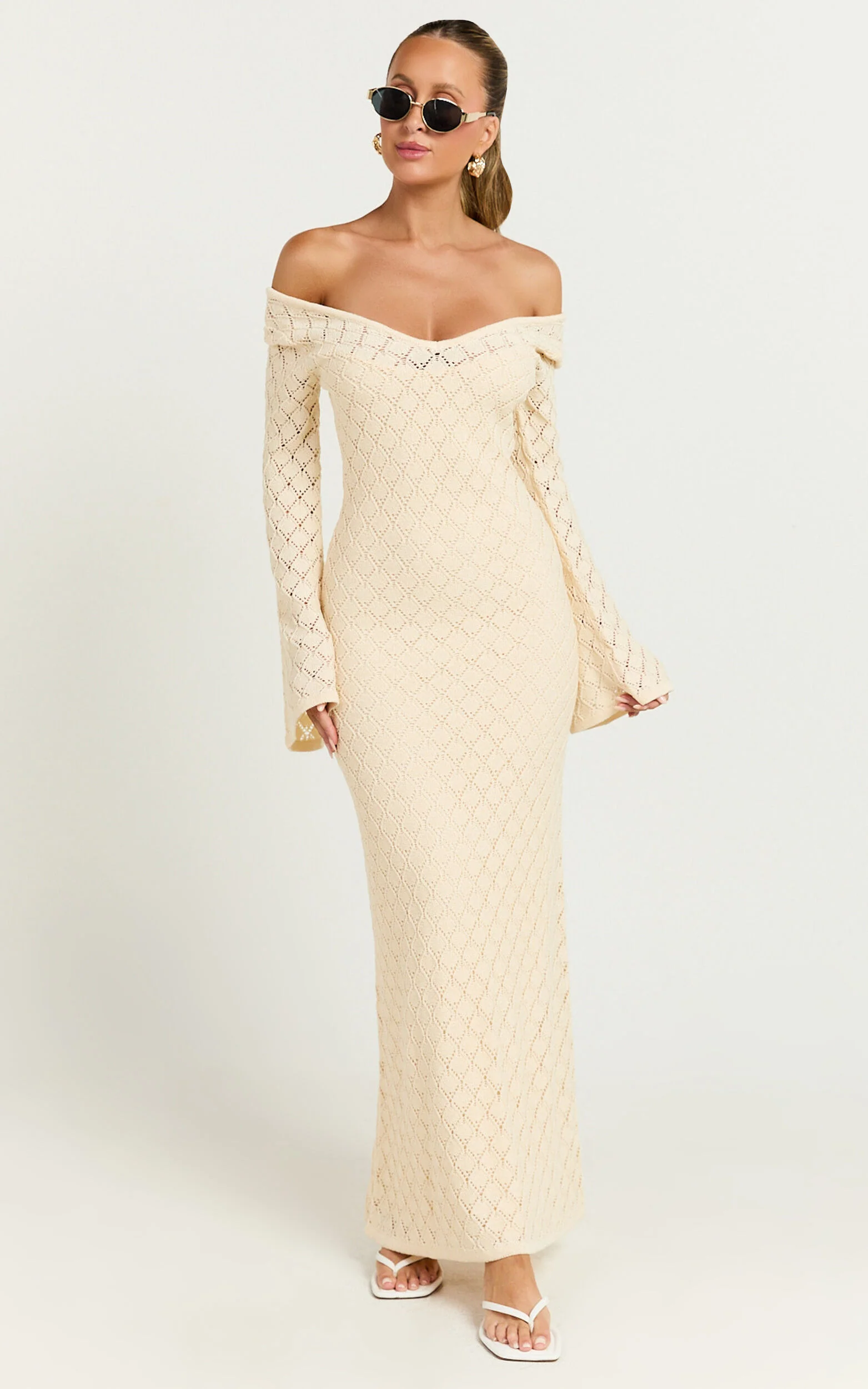 Halsey Maxi Dress - Crochet Scoop Neck Flare Sleeve Dress in Off White