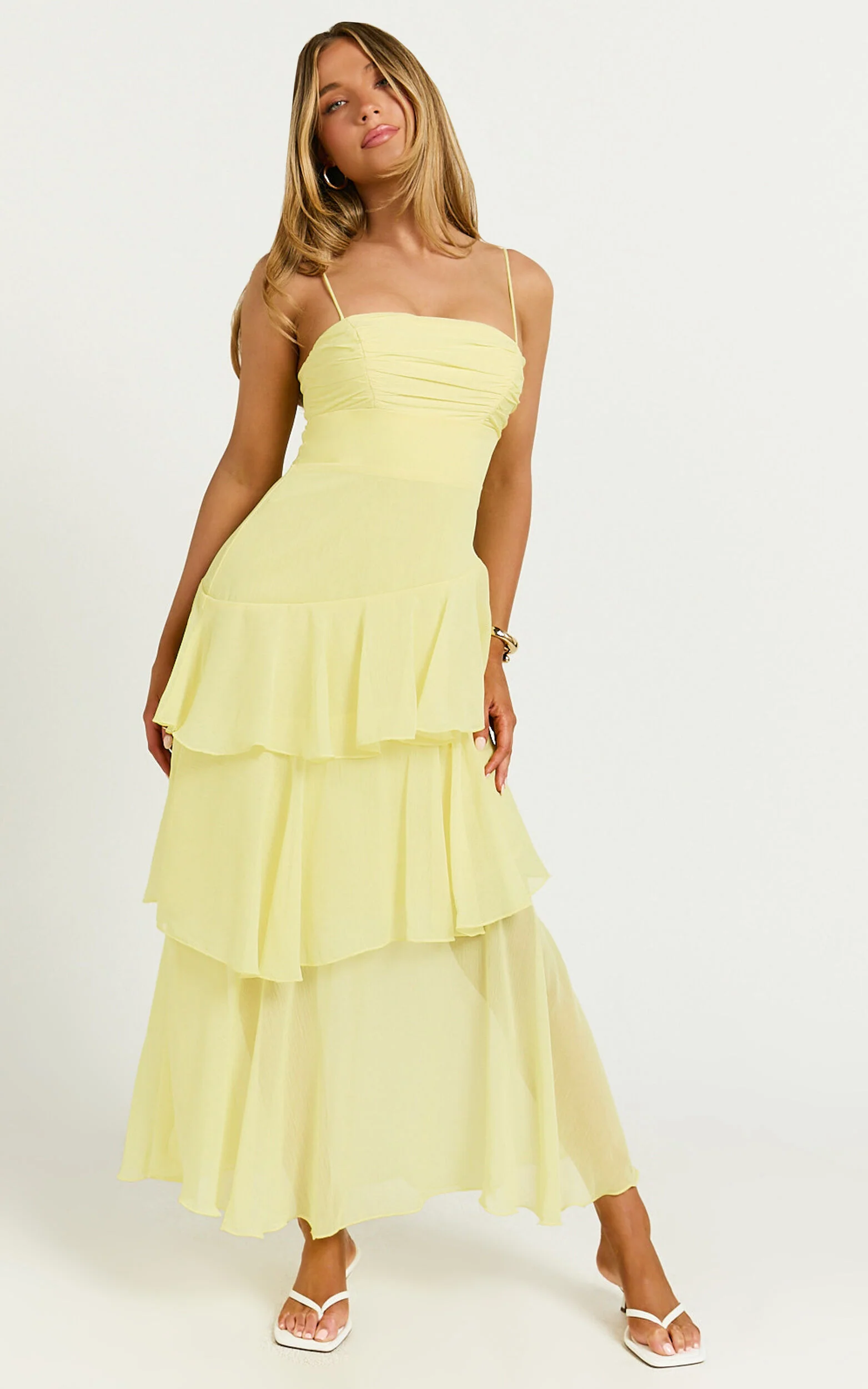 Johanna Midi Dress - Straight Neck Tiered Dress in Lemon