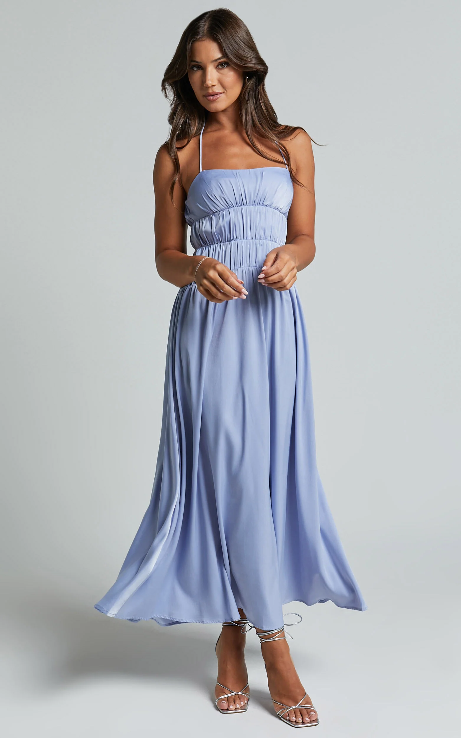 Callie Midi Dress - Satin Gathered Bust Detail Dress in Blue