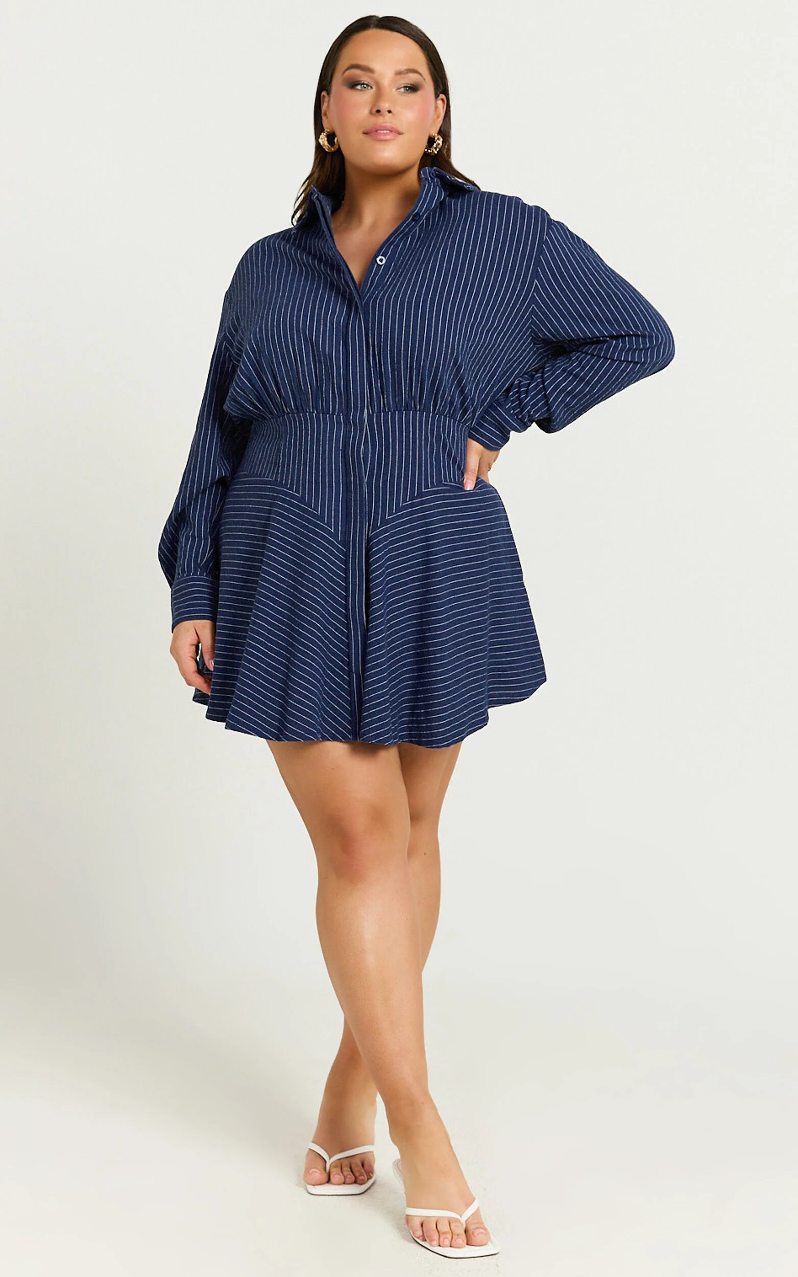 Whitney Mini Dress - Linen Long Sleeve Shirt Dress in Navy