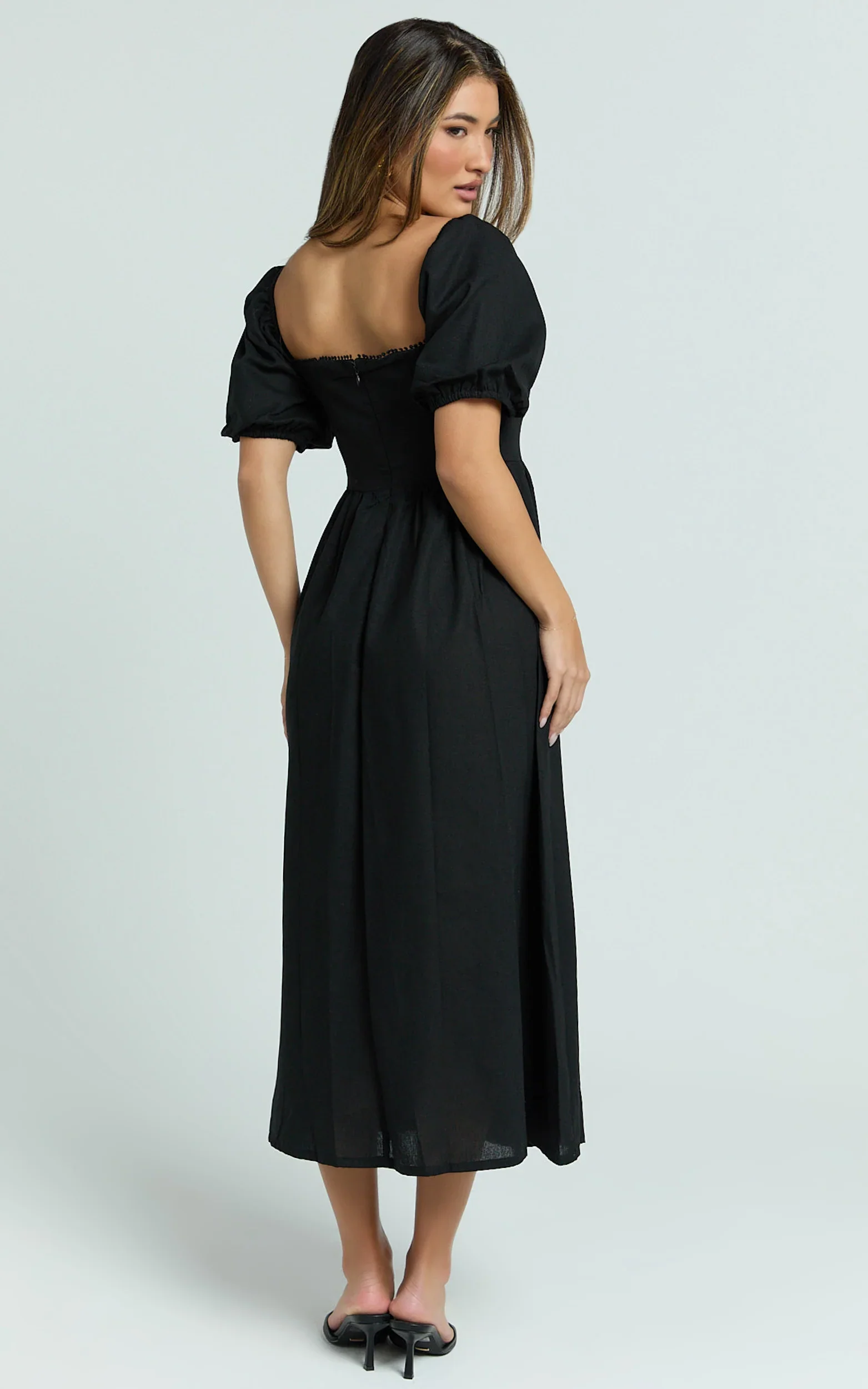 Quinn Midi Linen Blend Dress - Puff Sleeve Square Neck Dress in Black