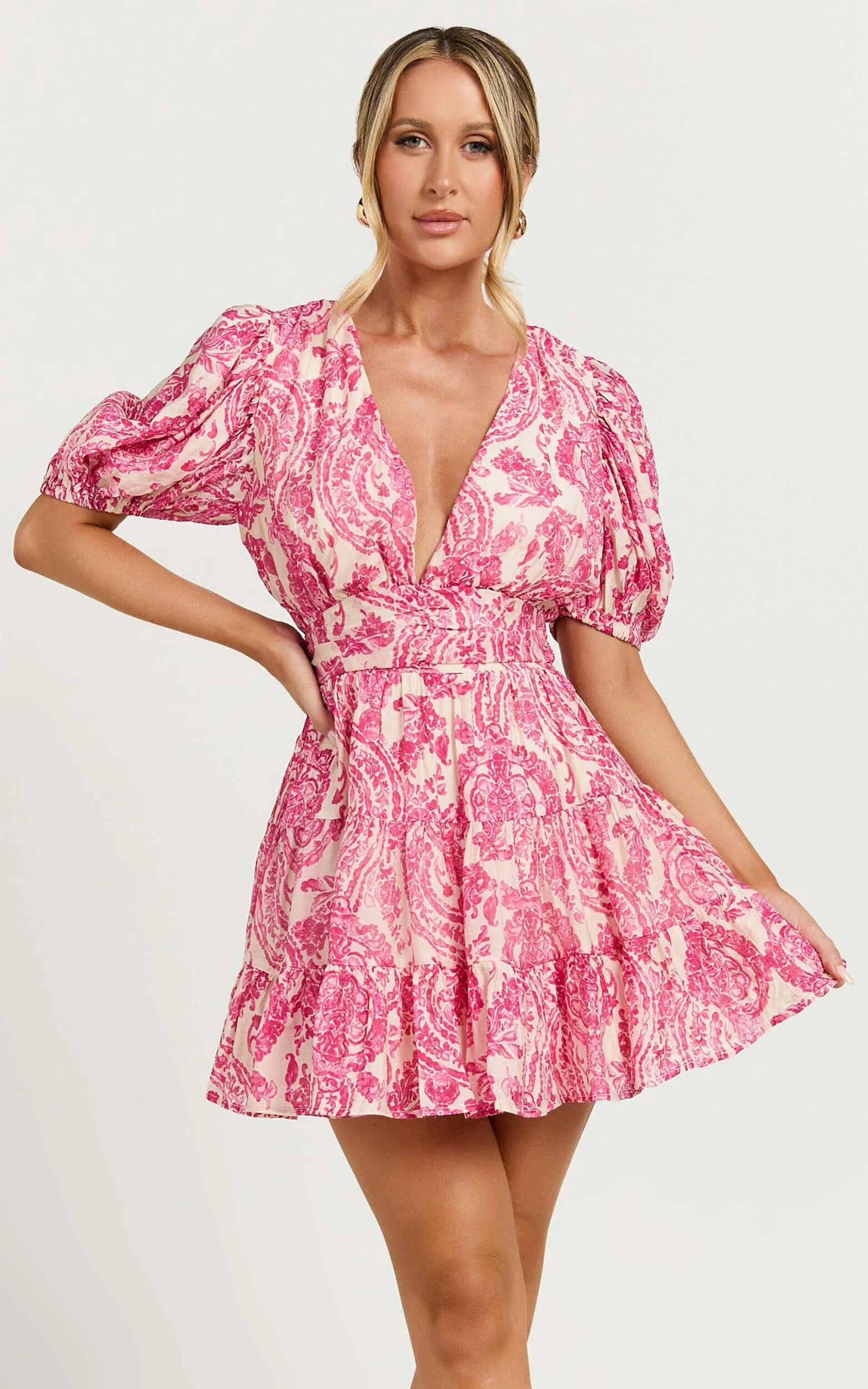 Adea Mini Dress - Plunge Puff Sleeve Tiered Dress in Pink Floral