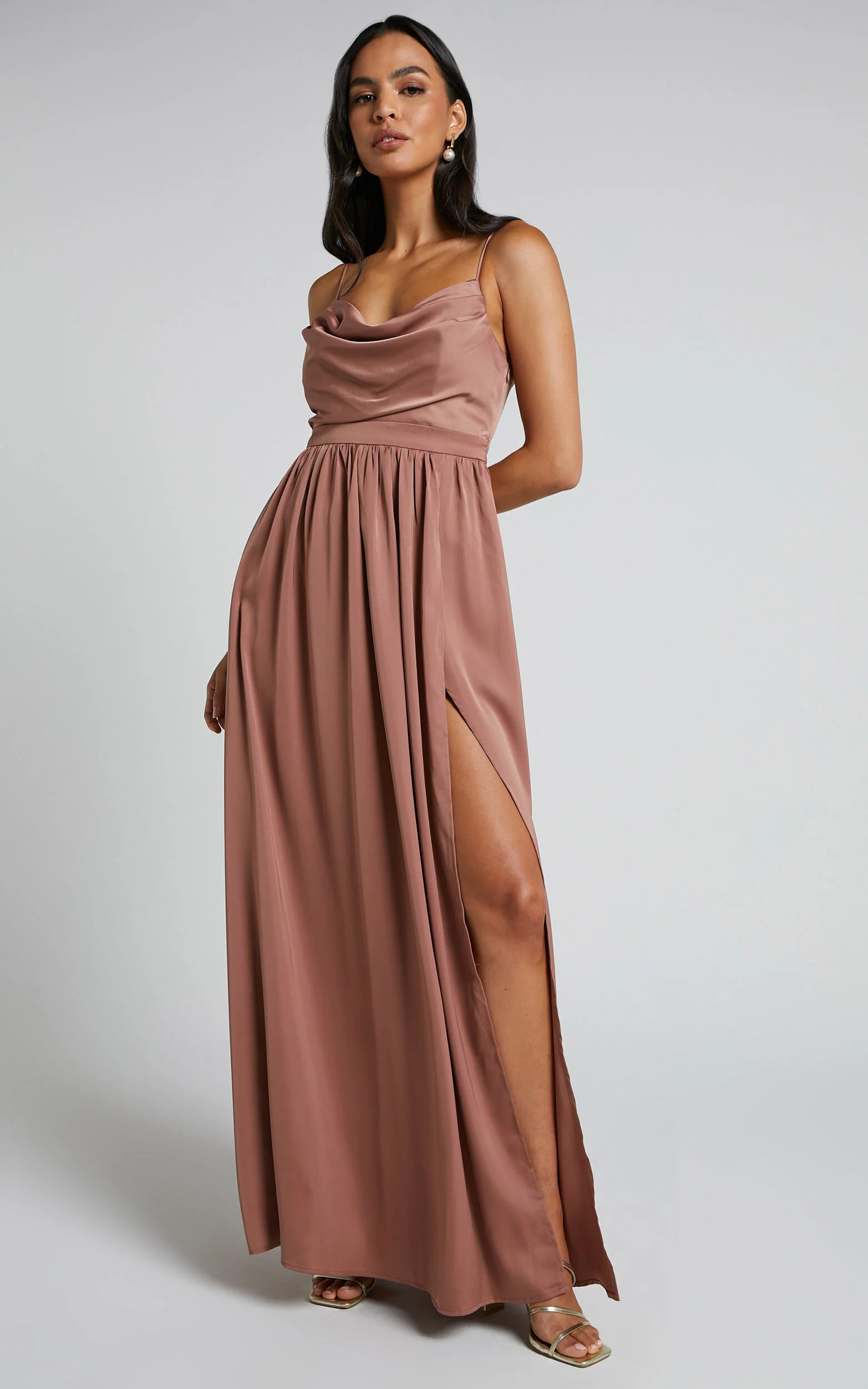 Gemalyn Maxi Dress - Cowl Neck Thigh Split Dress in Dusty Rose