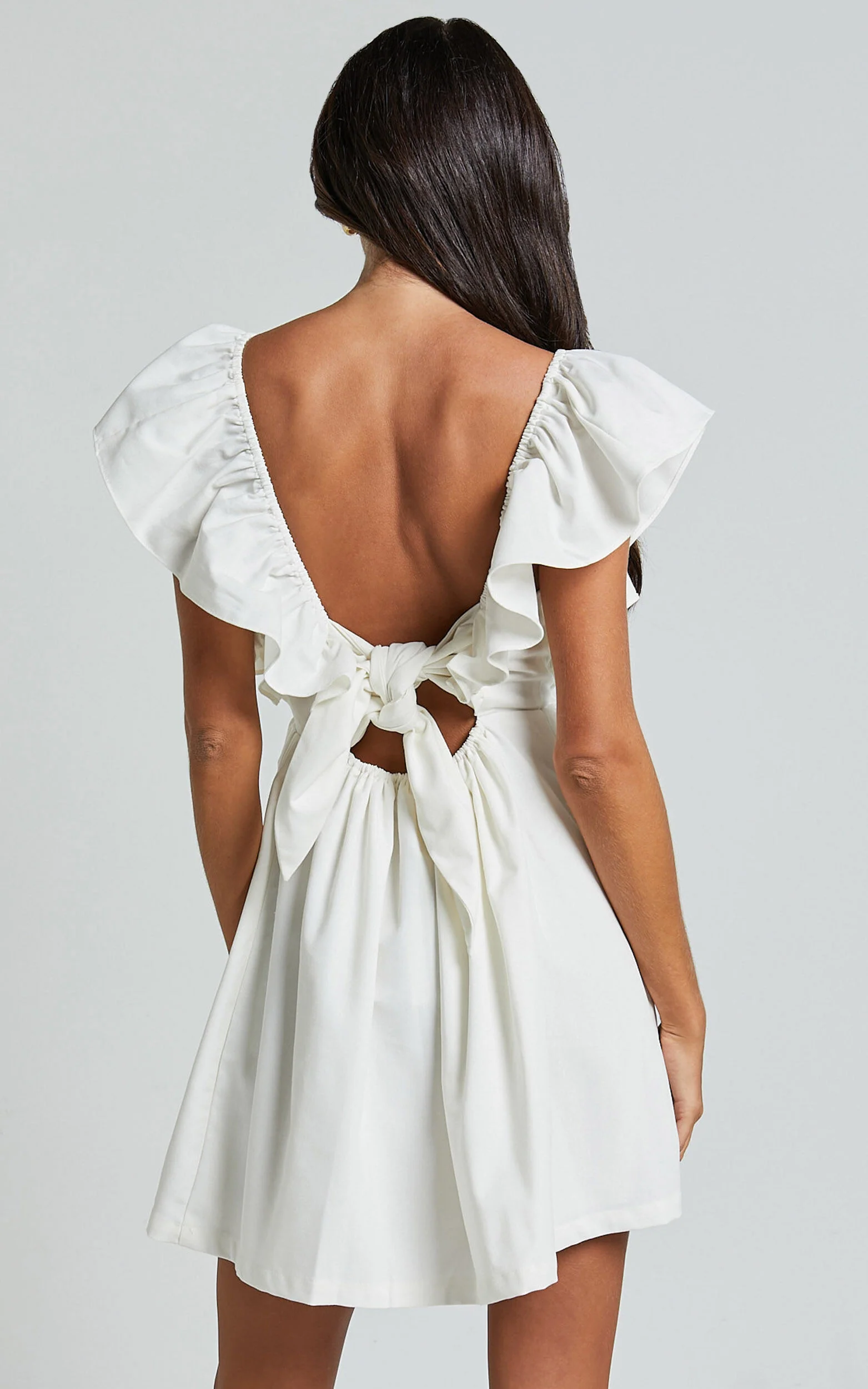 Raiza Mini Dress - Ruffle Sleeve Tie Back Plunge Dress in Off White
