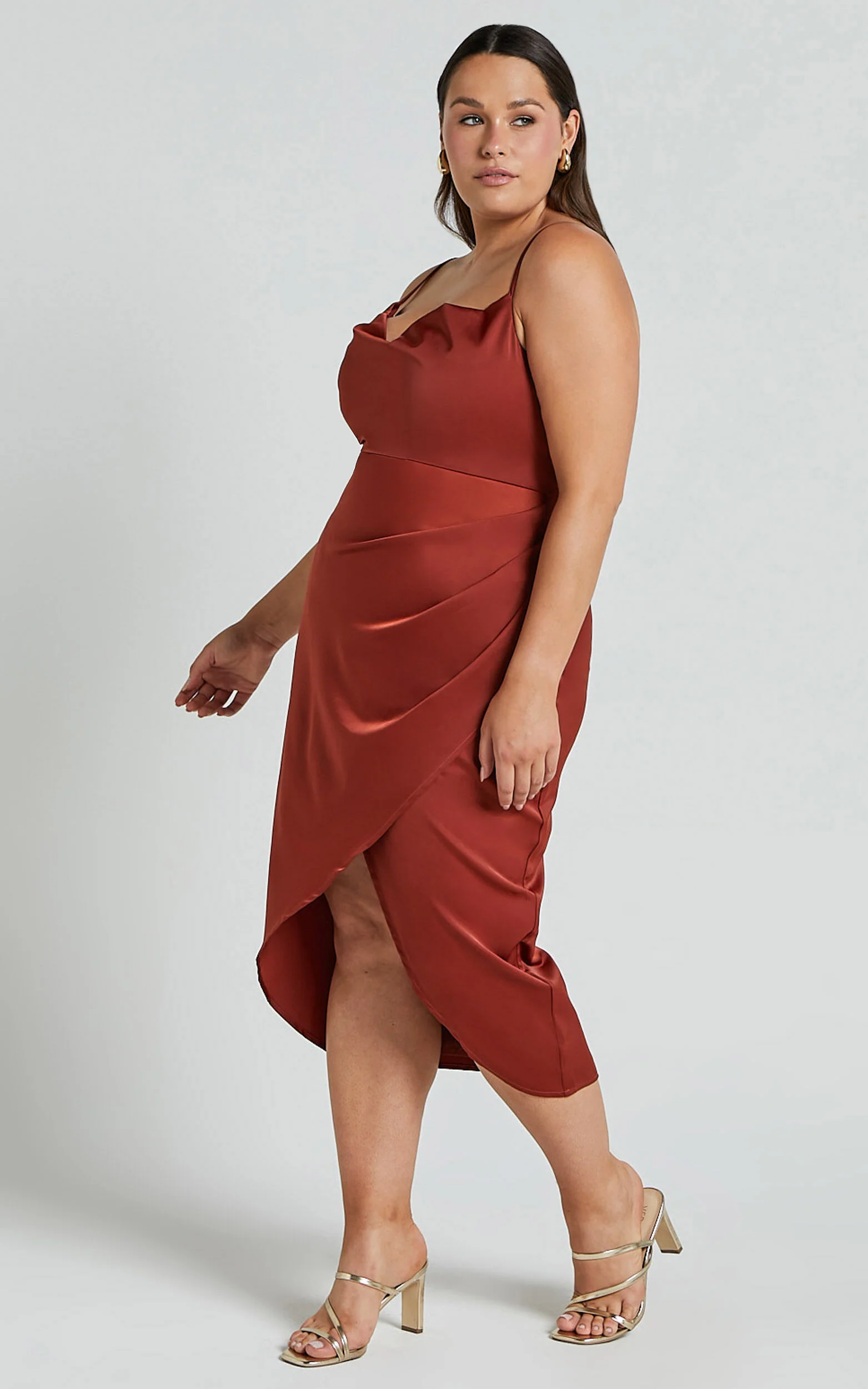 Dazzling Lights Midi Dress - Cowl Neck Draped Dress in Copper Satin