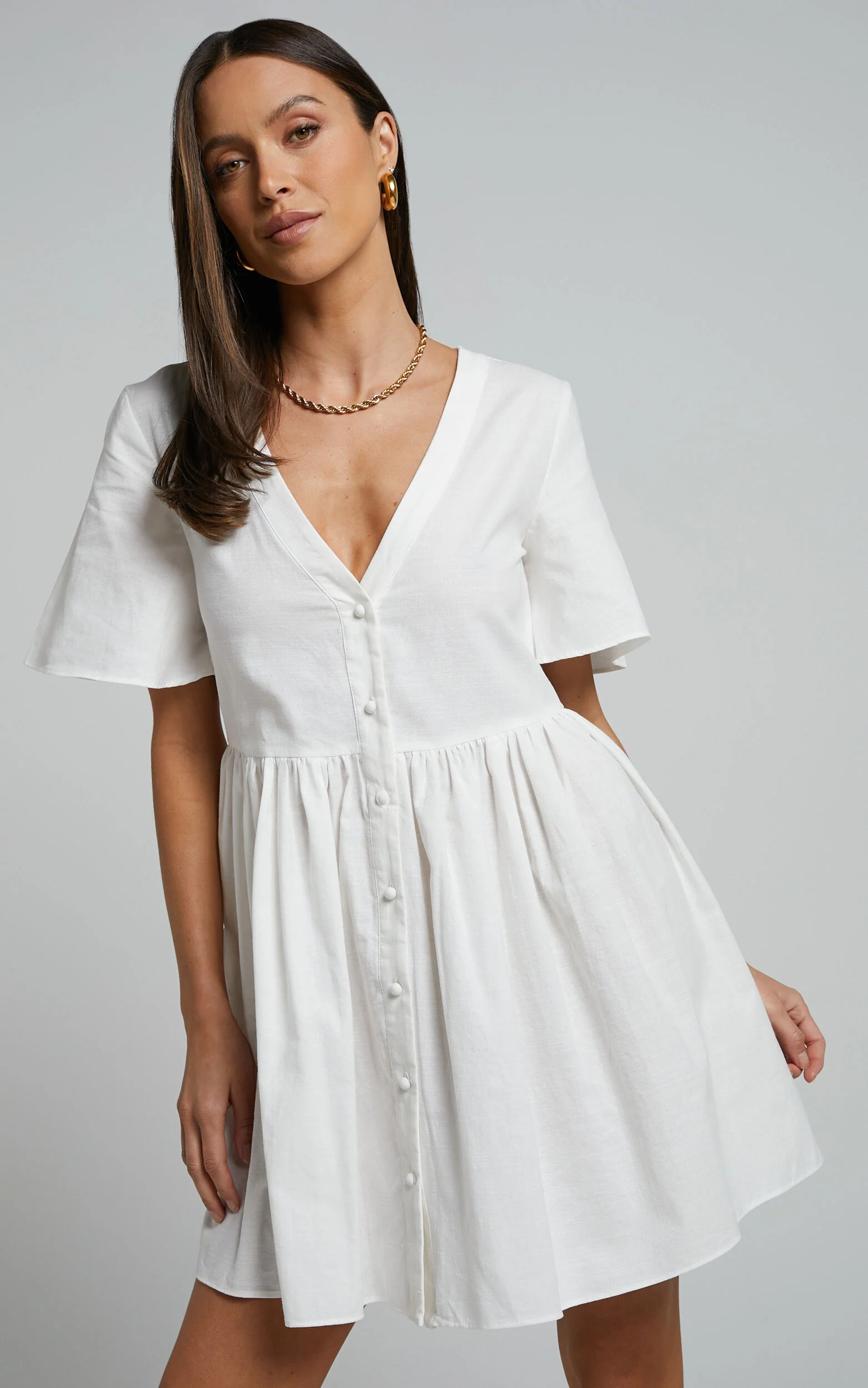 Staycation Mini Dress - Smock Button Up Dress in White