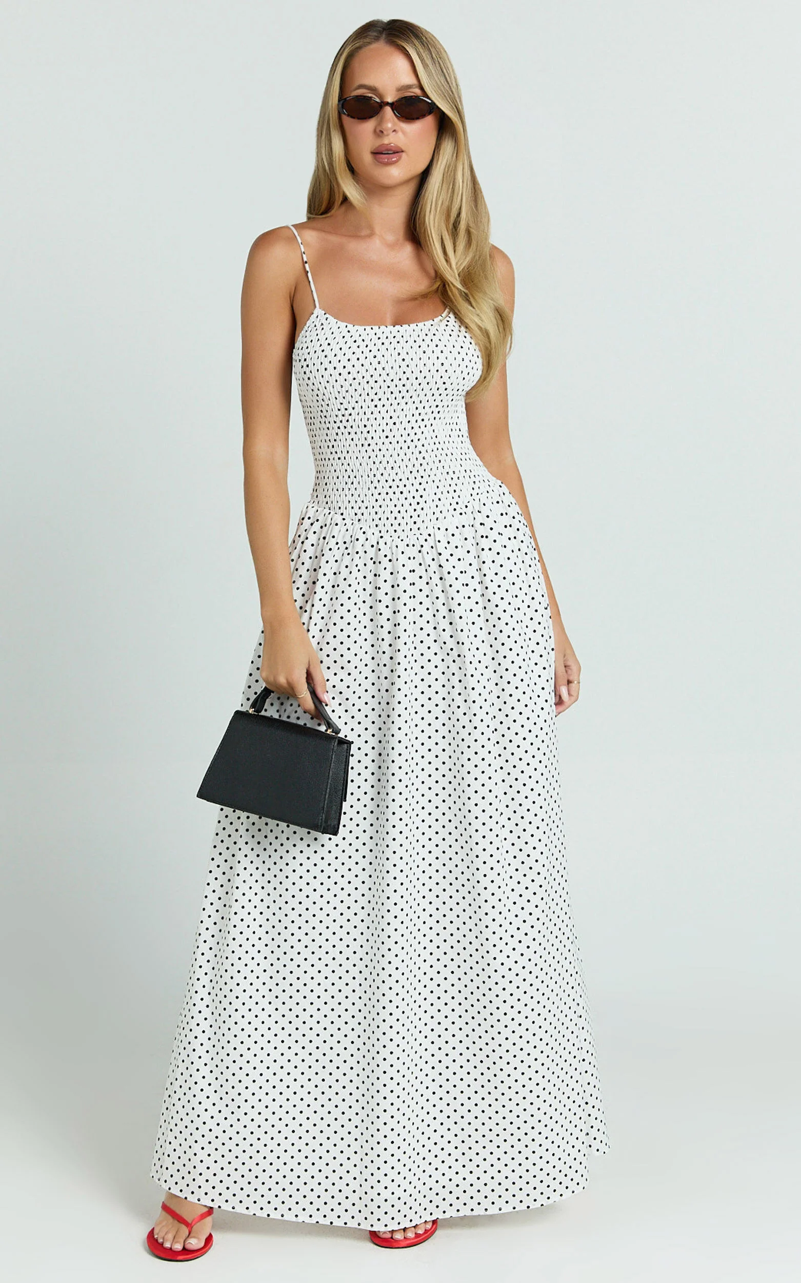 Doris Maxi Dress - Strappy Fit and Flare Maxi Dress in White Polkadot