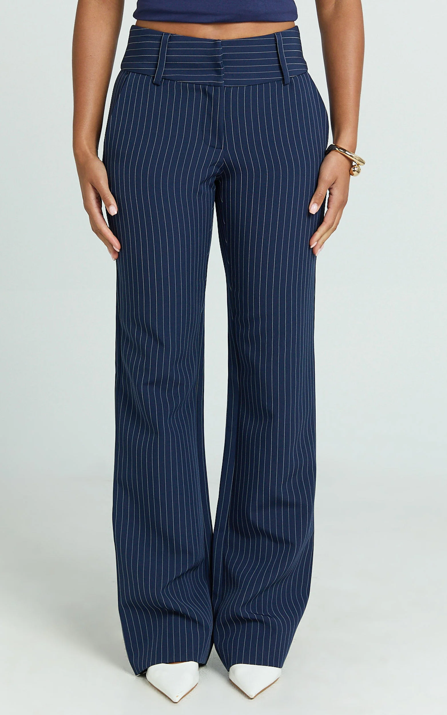 Elliot Pants - Mid Rise Pinstripe Bootleg Pants in Navy