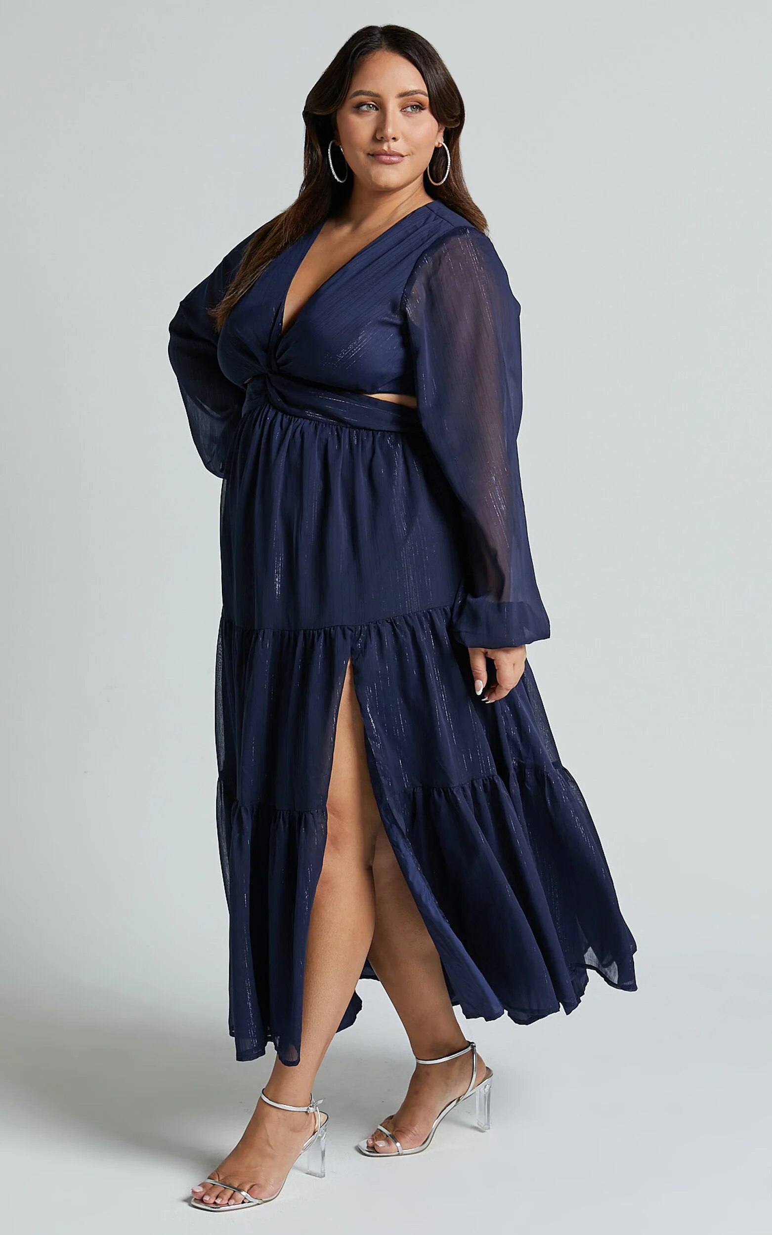 Edelyn Midi Dress - Cut Out Balloon Sleeve Tiered Dress in Navy