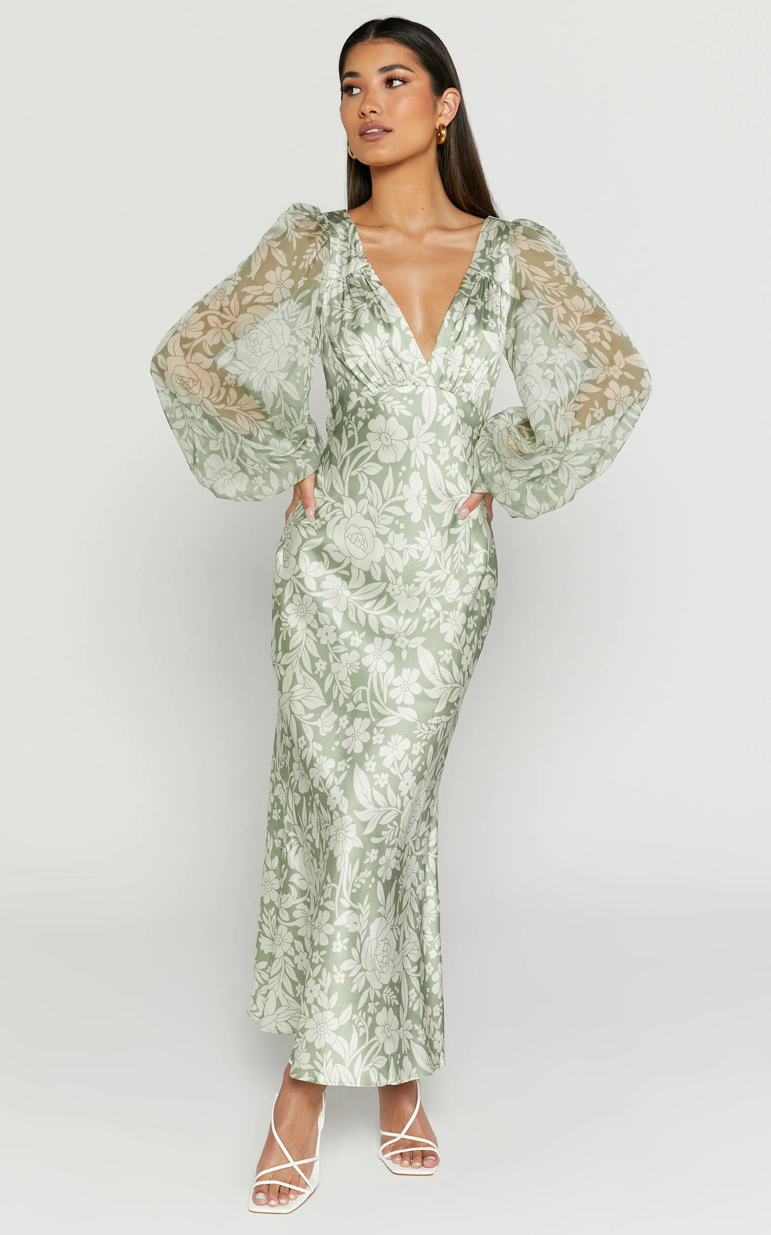 Freollyn Midi Dress - Deep V Neck Long Sleeve Dress in Sage