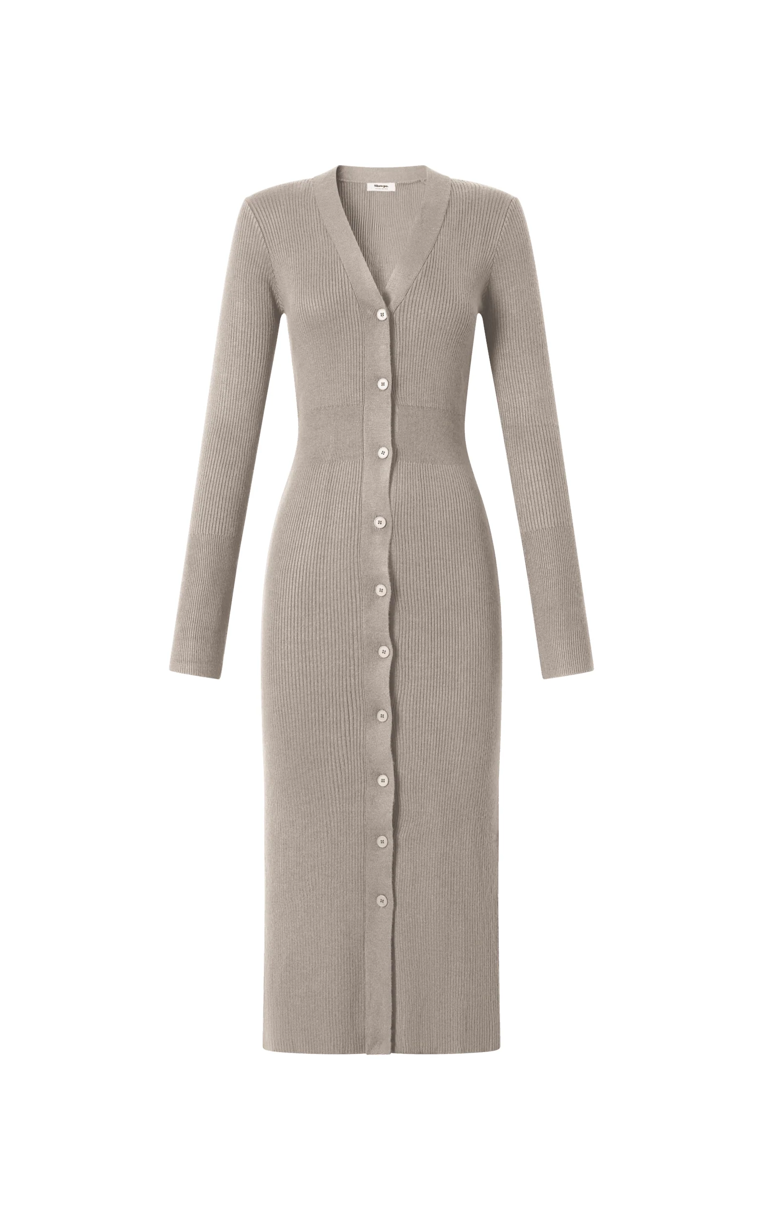 Leahanna Midi Dress - Button Front Knit Dress in Taupe