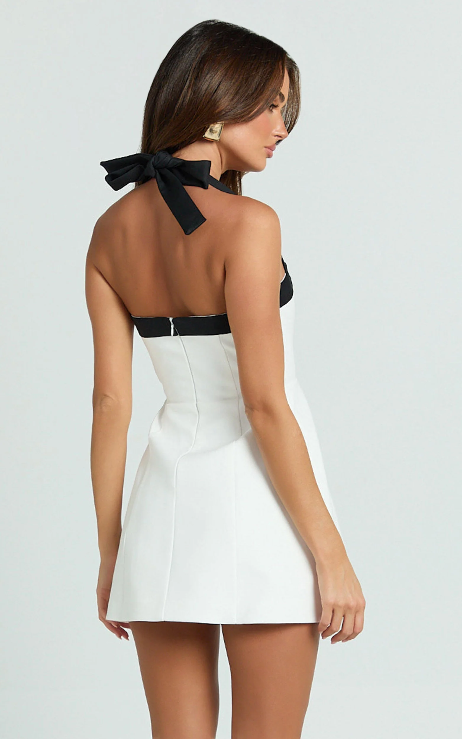 Broome Mini Dress - Contrast Halter Tie Tulip Skirt Dress in White/Black