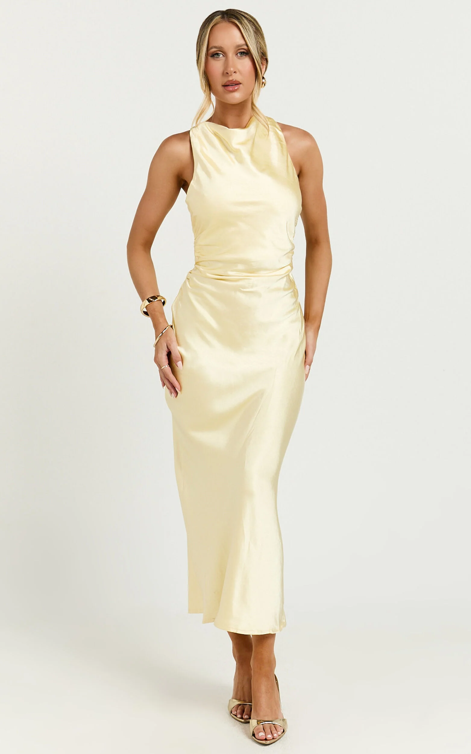 Aluna Midi Dress - High Neck Cross Back Satin Slip Dress in Lemon