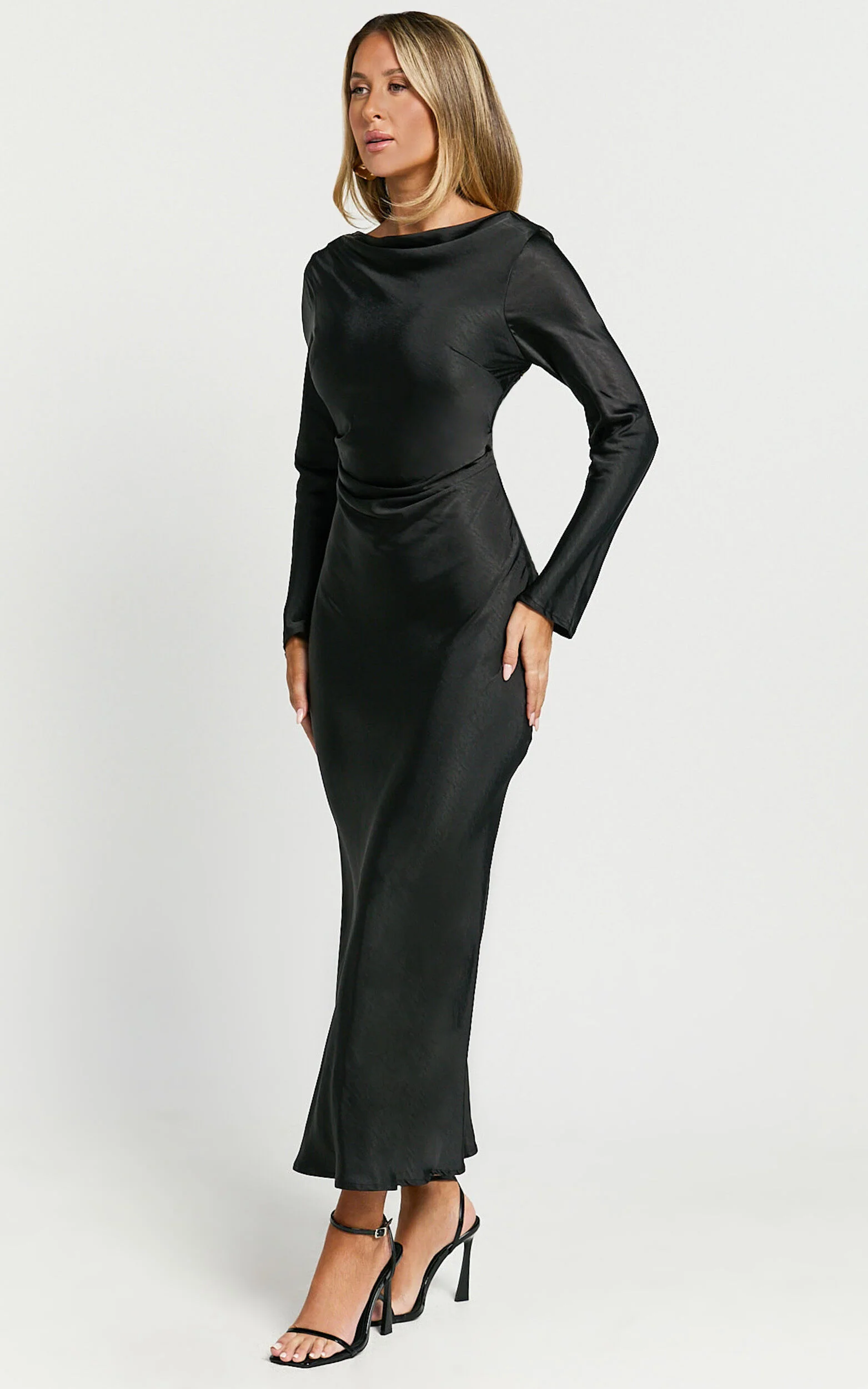 Arriana Midi Dress - Long Sleeve Cowl Back Satin Dress in Black