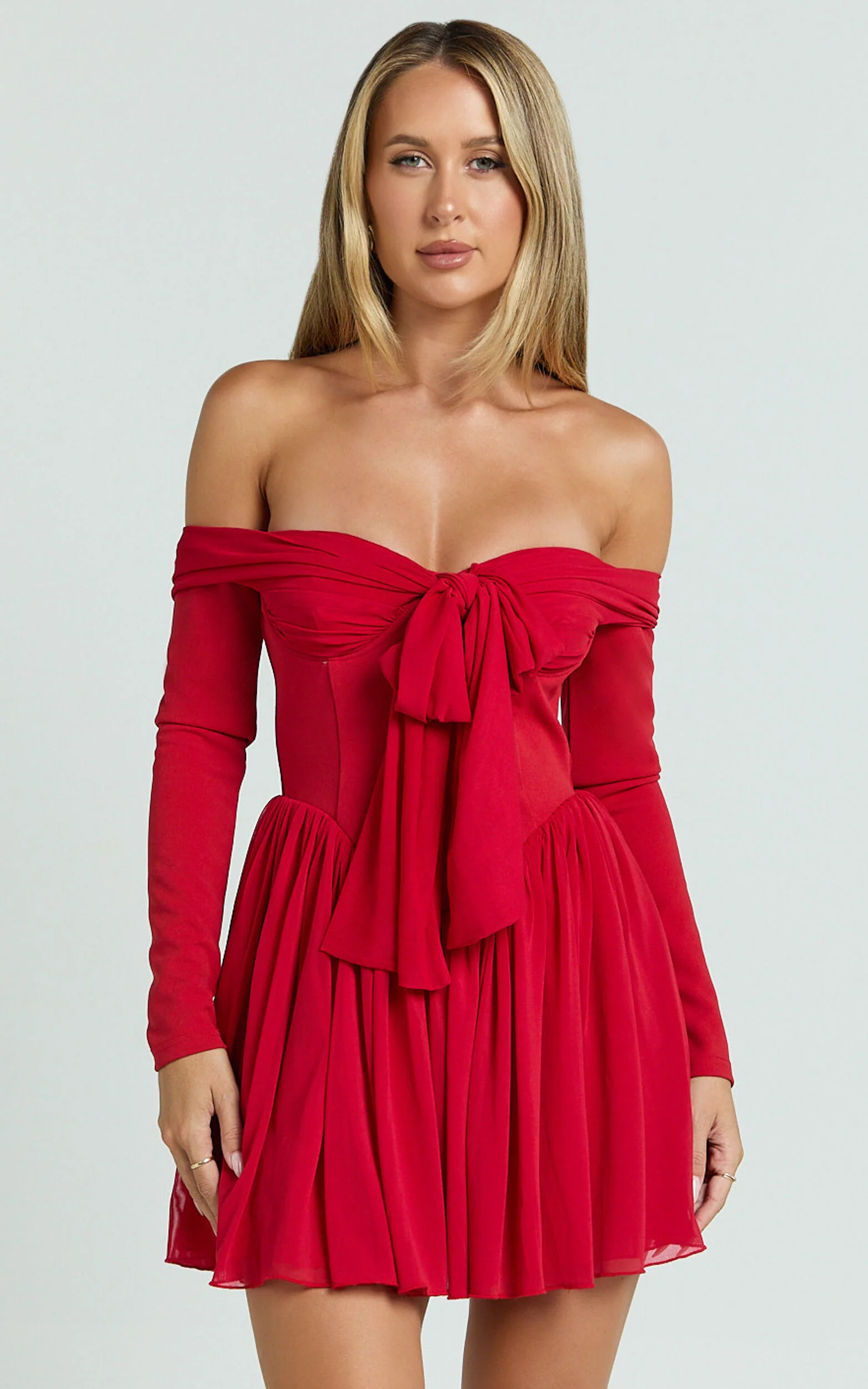 Bennett Mini Dress - Off Shoulder Long Sleeve V Waist Dress in Red
