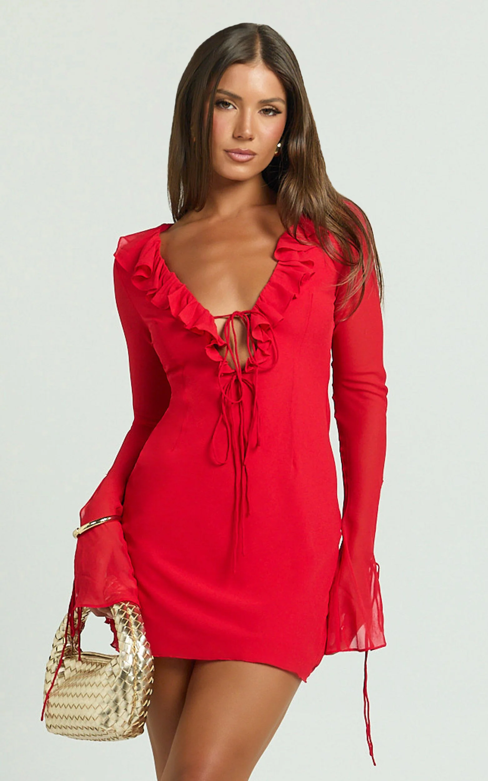 Alesya Mini Dress - Ruffle Plunge Neck Long Sleeve Tie Detail Dress in Red