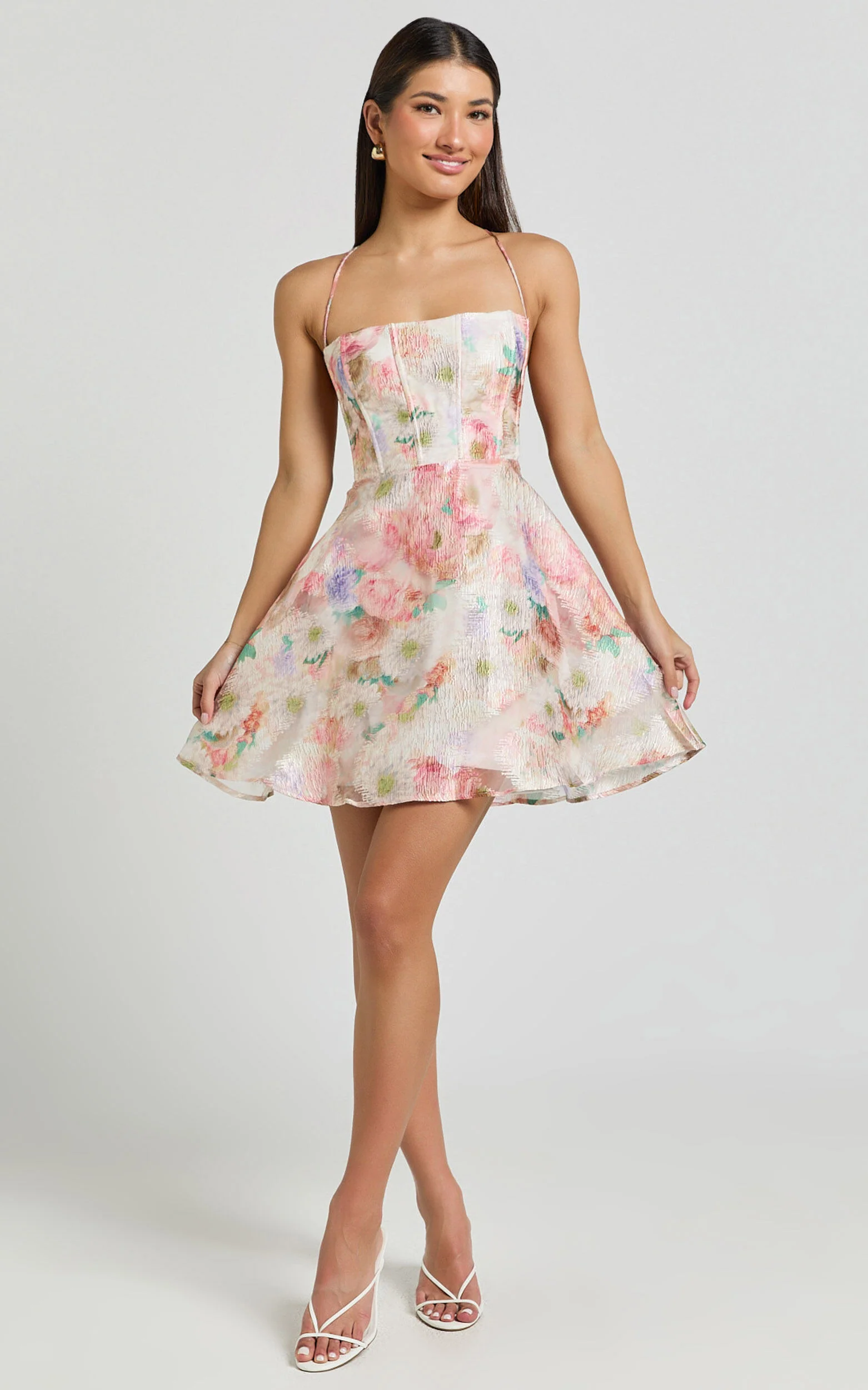 Odessa Mini Dress - Straight Neck Backless Tie Back Shift Dress in Pink Jacquard