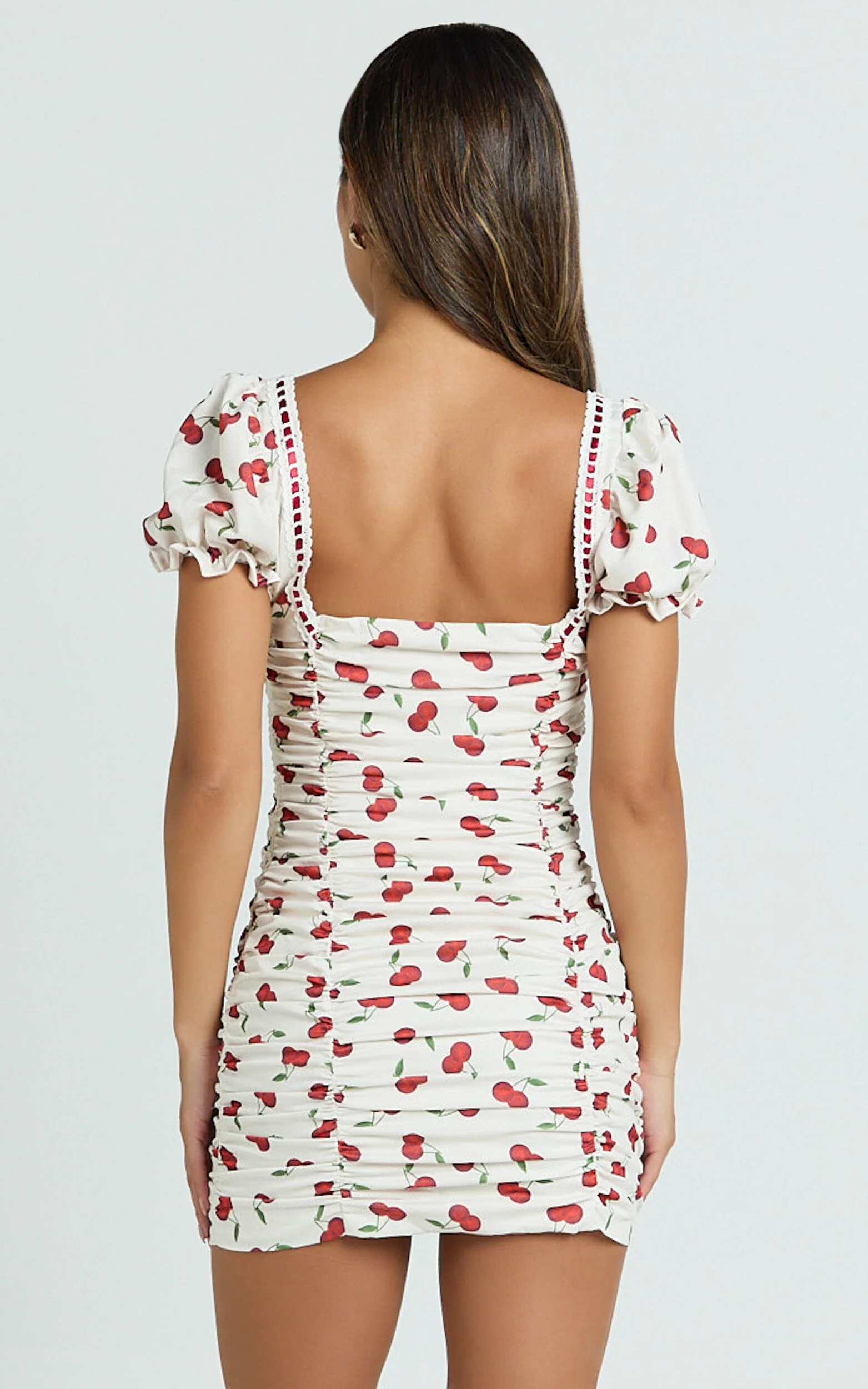 Bailey Mini Dress - Recycled Cherry Print Cap Sleeve Ruched Bust Bodycon Dress in Blushing Cherries Print