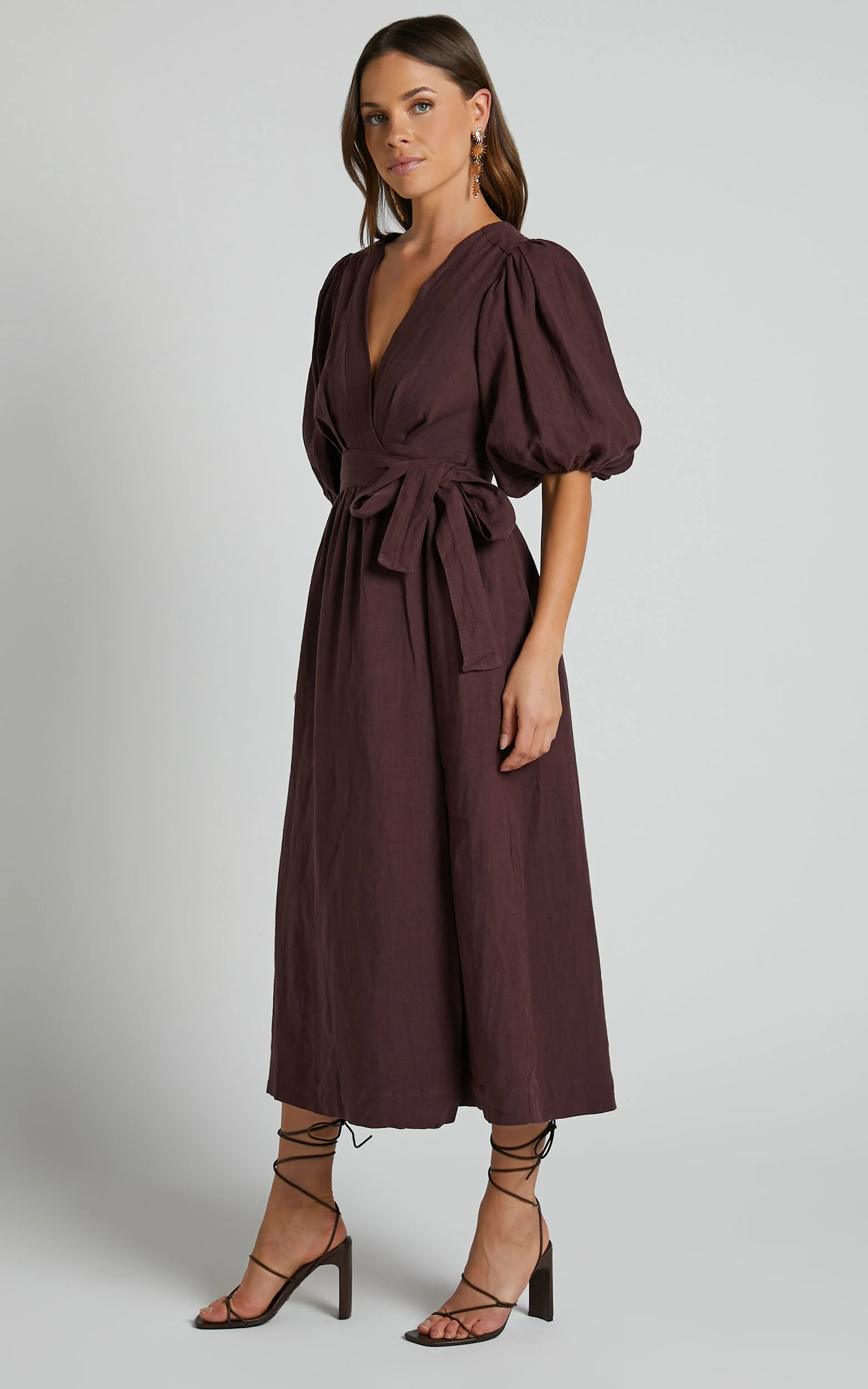 Amalie The Label - Franc Linen Puff Sleeve Wrap Midi Linen Dress in Dark Plum
