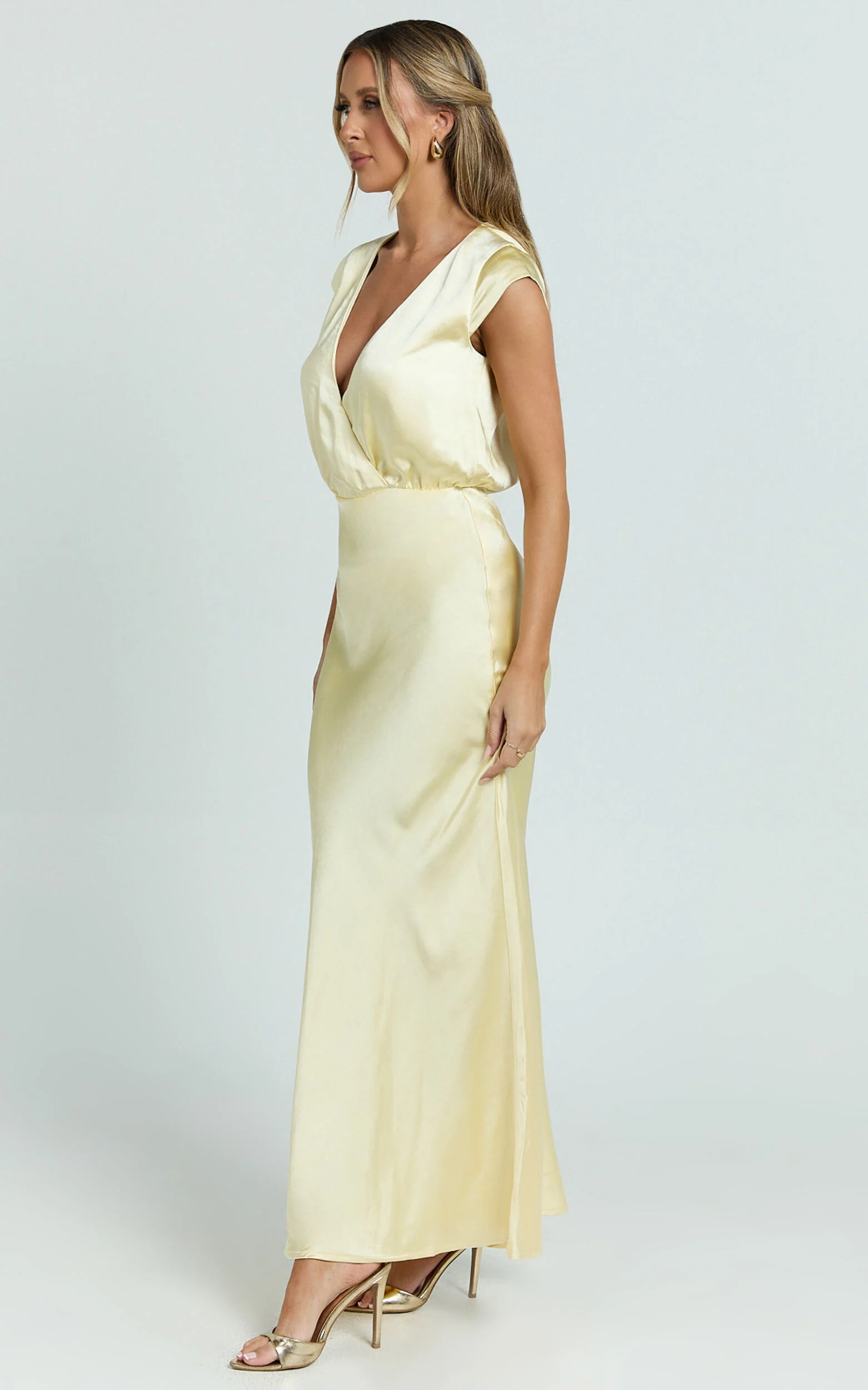 Hailey Maxi Dress - Cap Sleeve V Neck Dress in Lemon